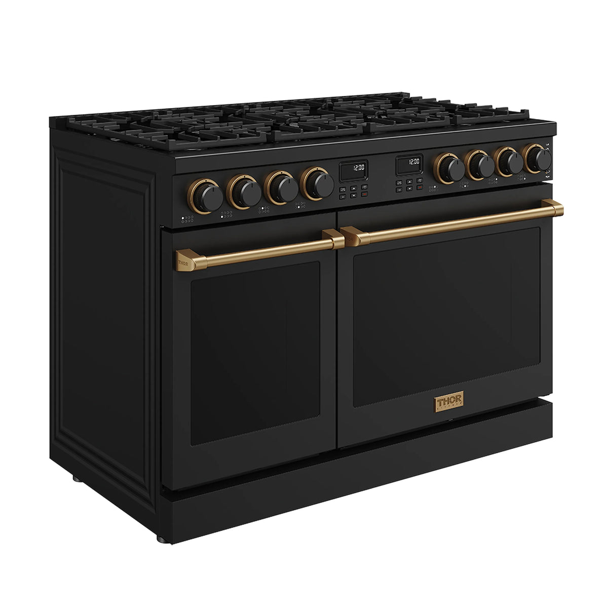 Black 48-inch propane gas range with bronze-trim doors and control panel