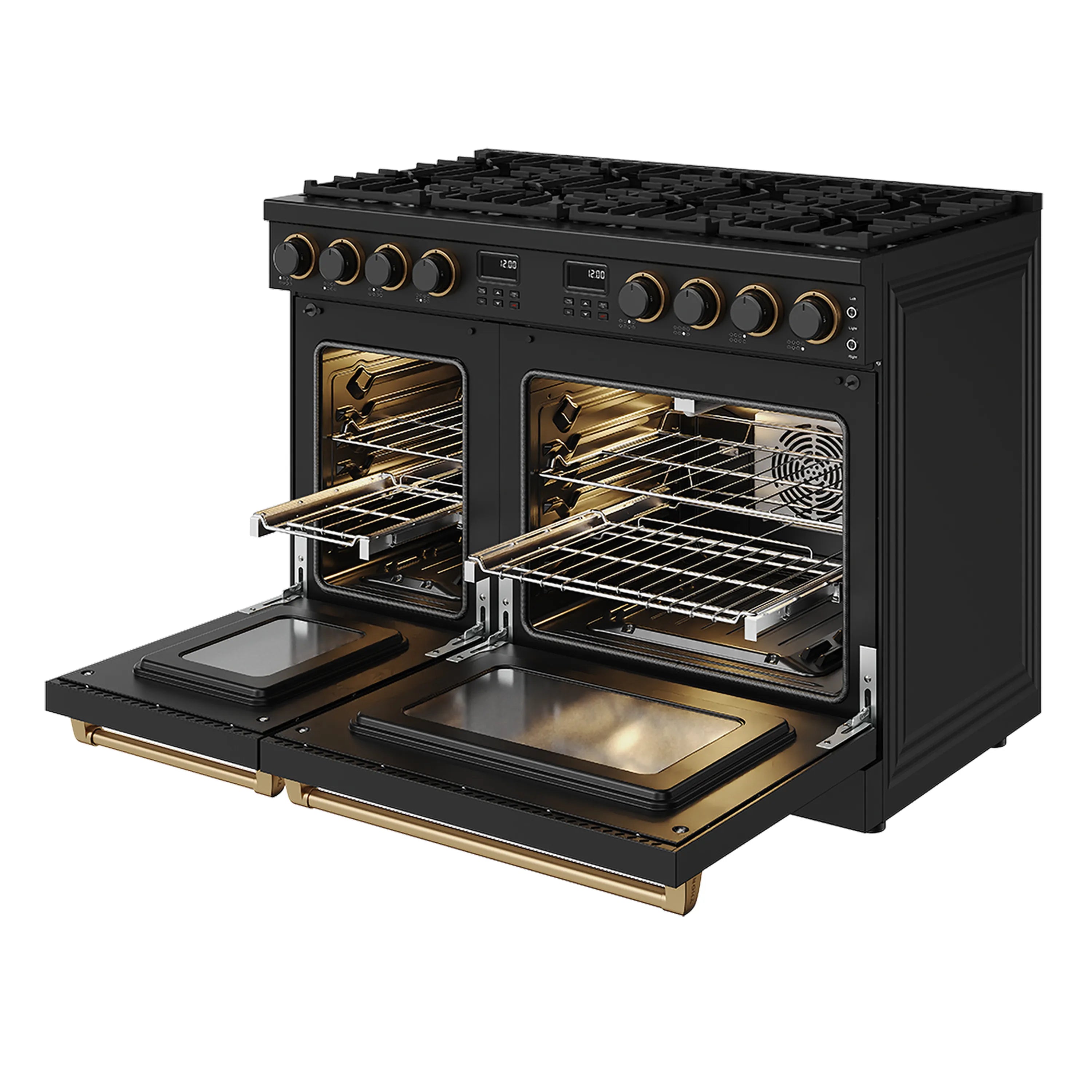 Black gas range with both oven doors open, racks inside, convection fan visible.