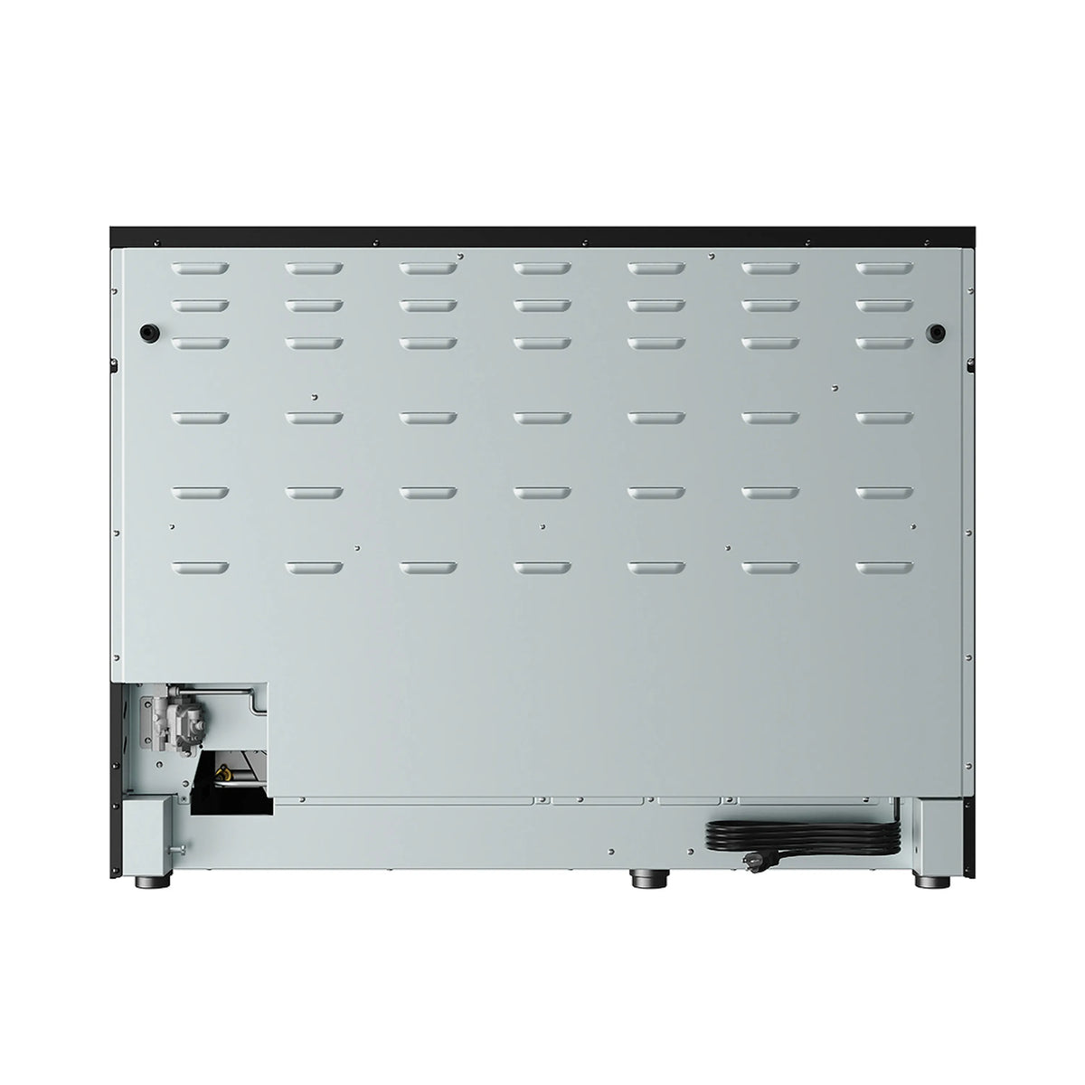 Light gray appliance base of propane gas range with rear access opening