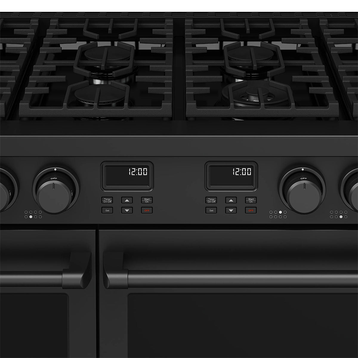 Black gas range control panel with digital displays and round burner knobs