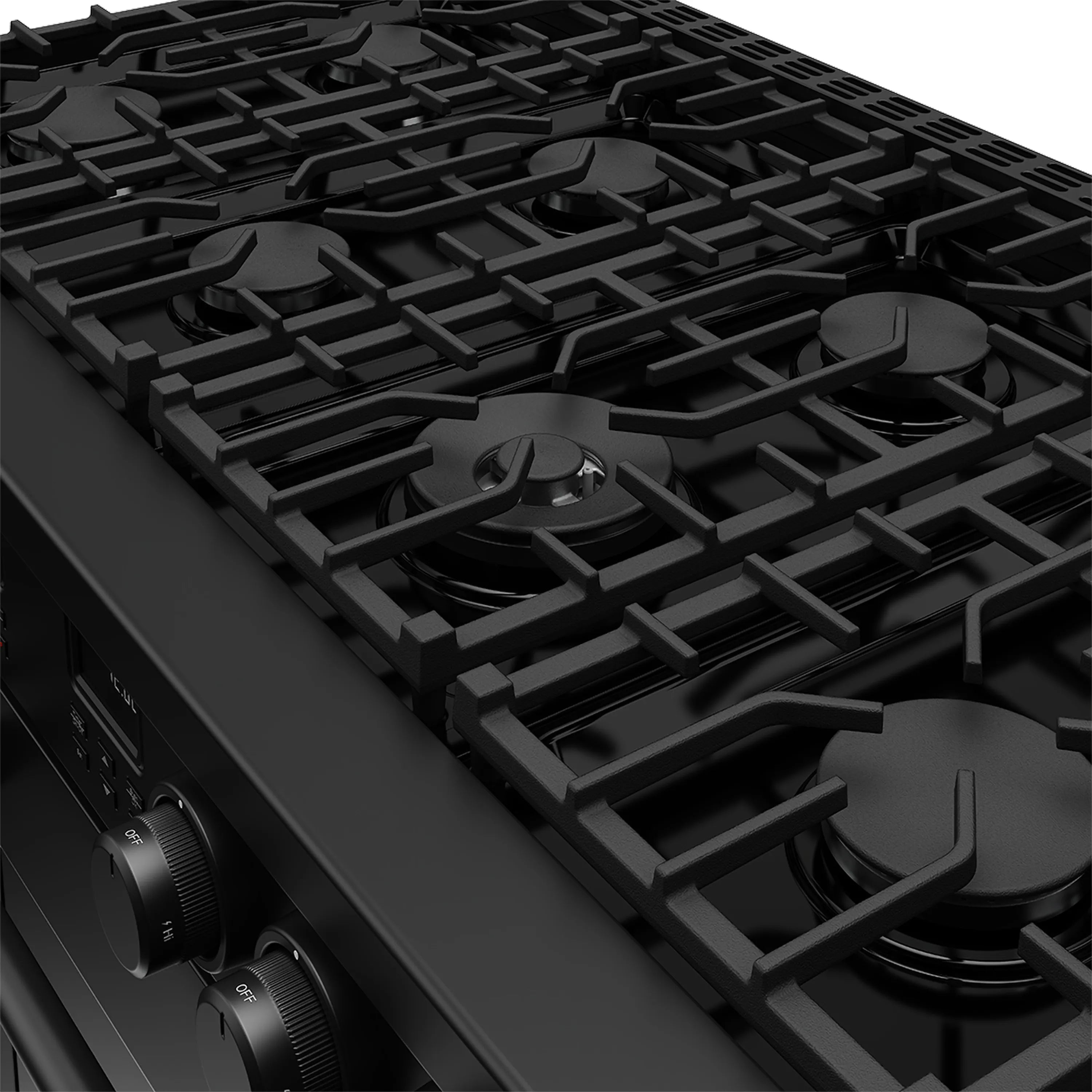 Black gas range cooktop with cast-iron grates and control knobs