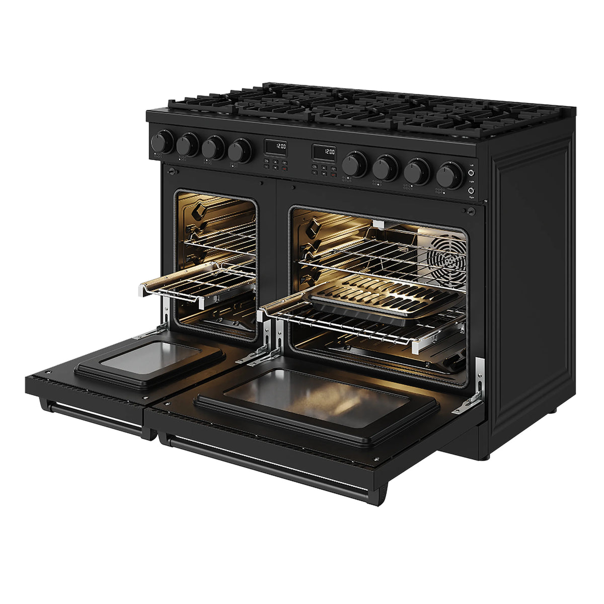 Black gas range open ovens with illuminated racks and fan grille visible