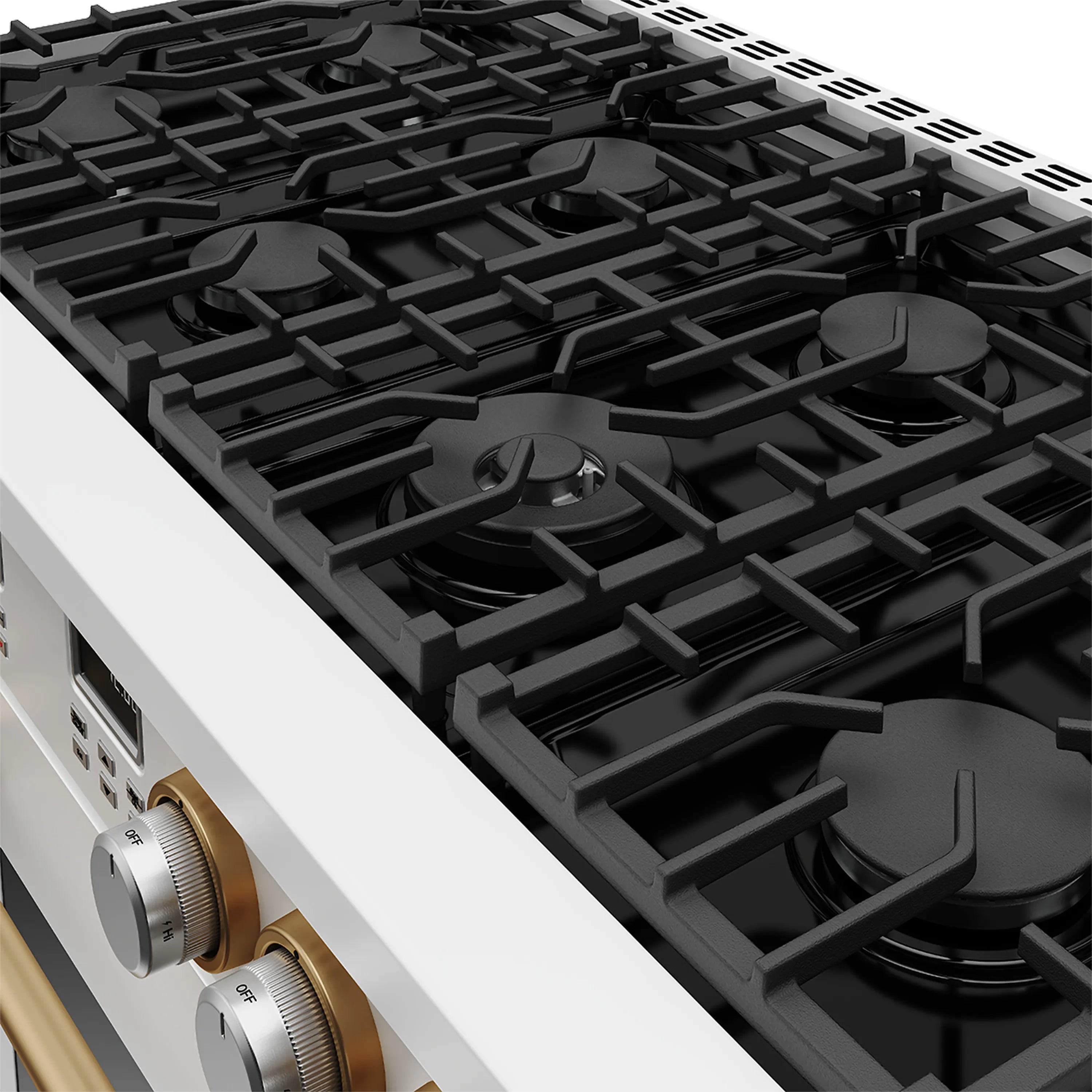 Close-up of black gas burners on a white cooktop with bronze control knob accents