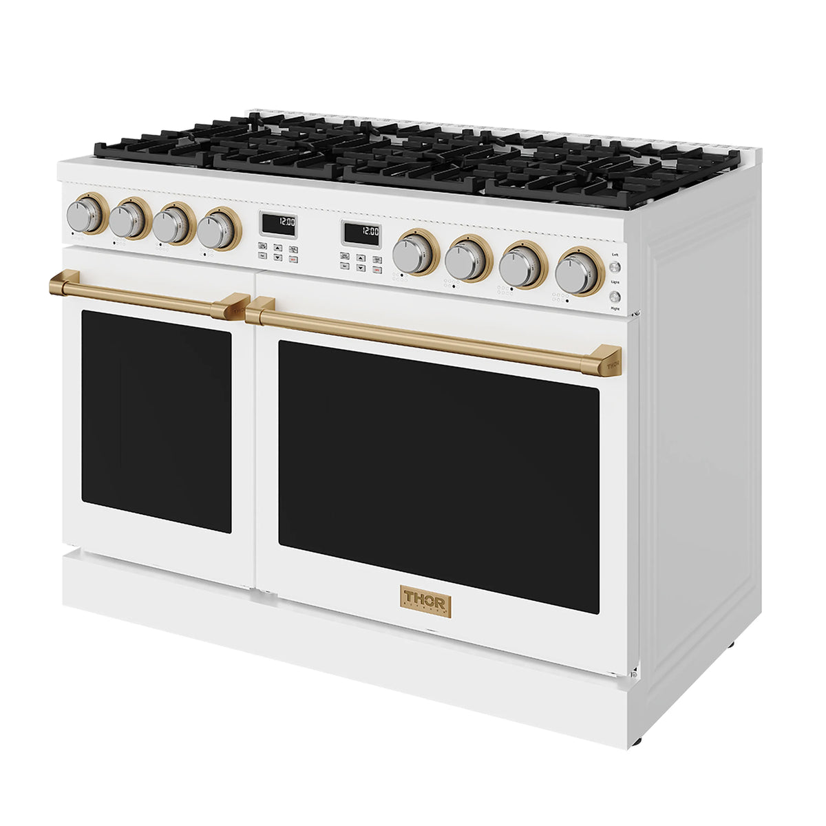 White gas range front view with two black oven doors, bronze handle bar and knobs