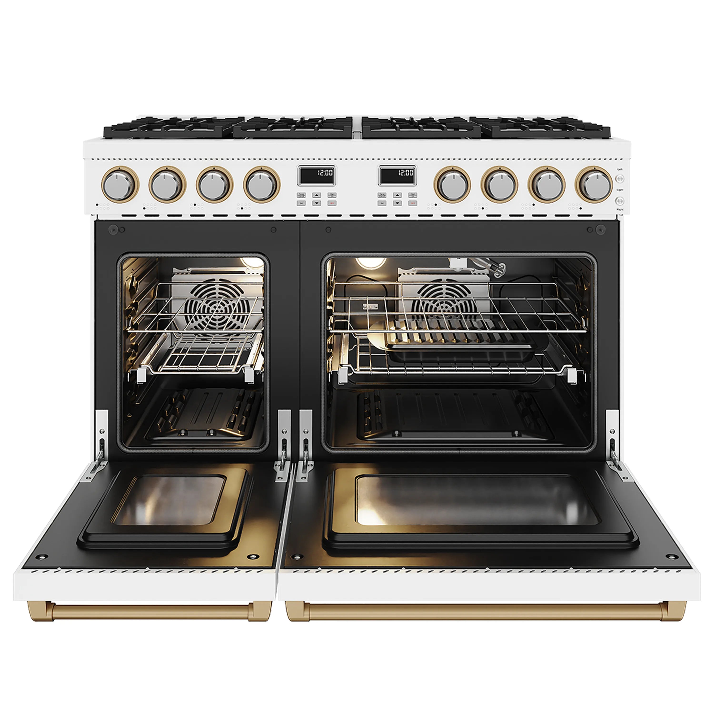 White gas range with open double ovens showing racks and broiler area, black interiors