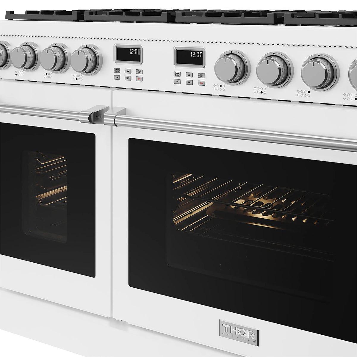 White double oven with black glass doors, interior racks visible through windows