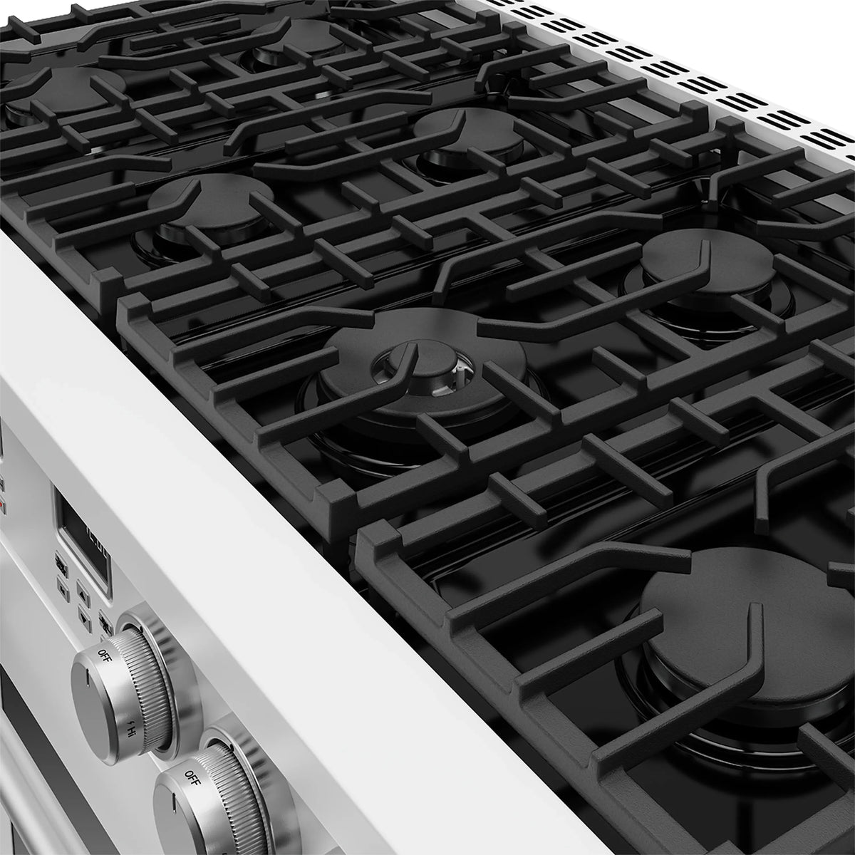 White propane gas range with black burner grates and front control knobs