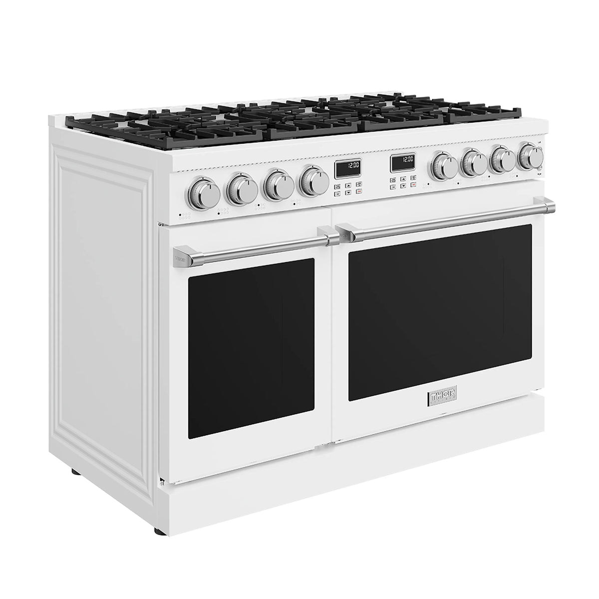 White Thor Kitchen gas range with 8 black cooktop burners, knobs, and double black ovens