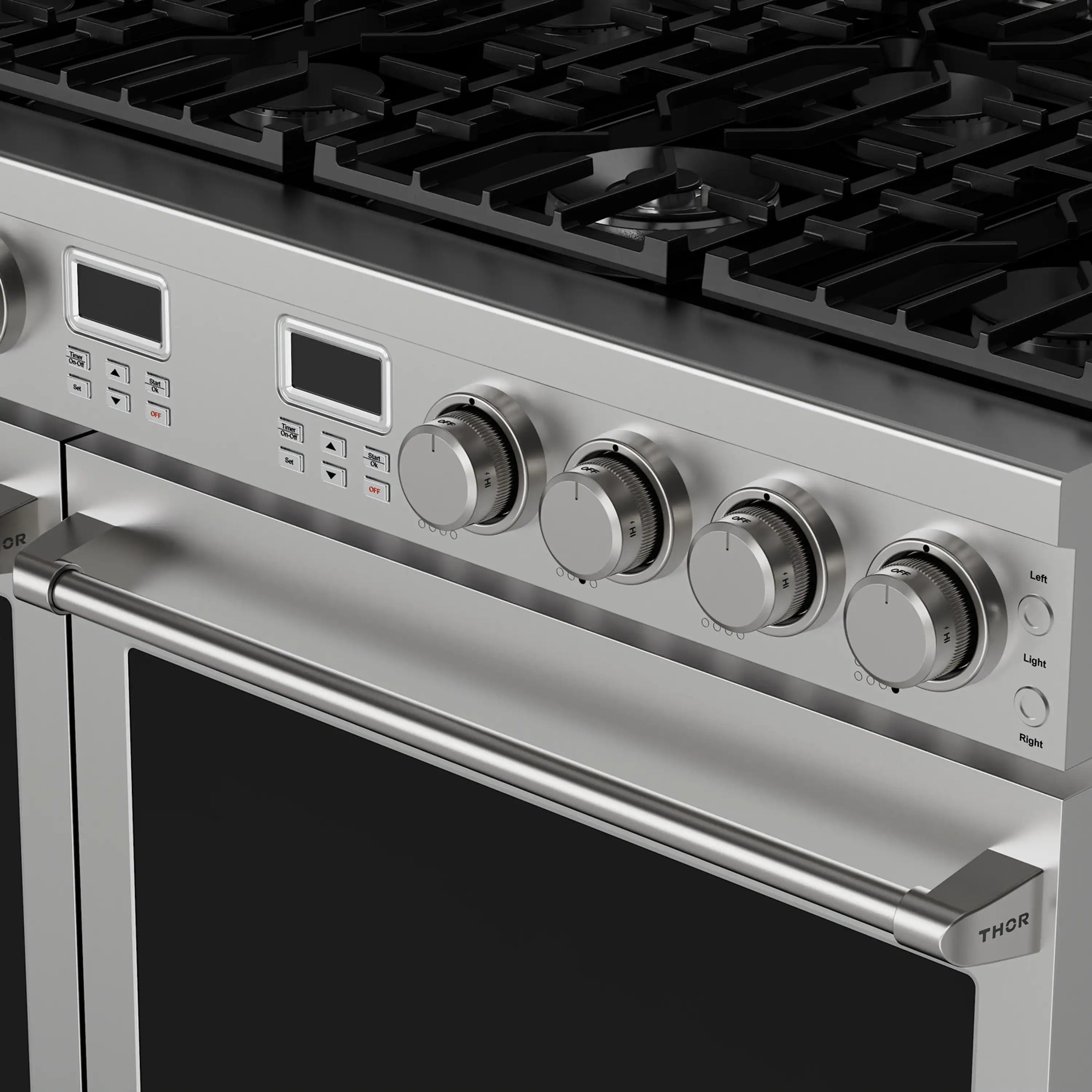 Stainless steel gas range front control strip with knobs and display windows