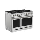 Stainless steel gas range with dual oven doors, black glass, and six burners