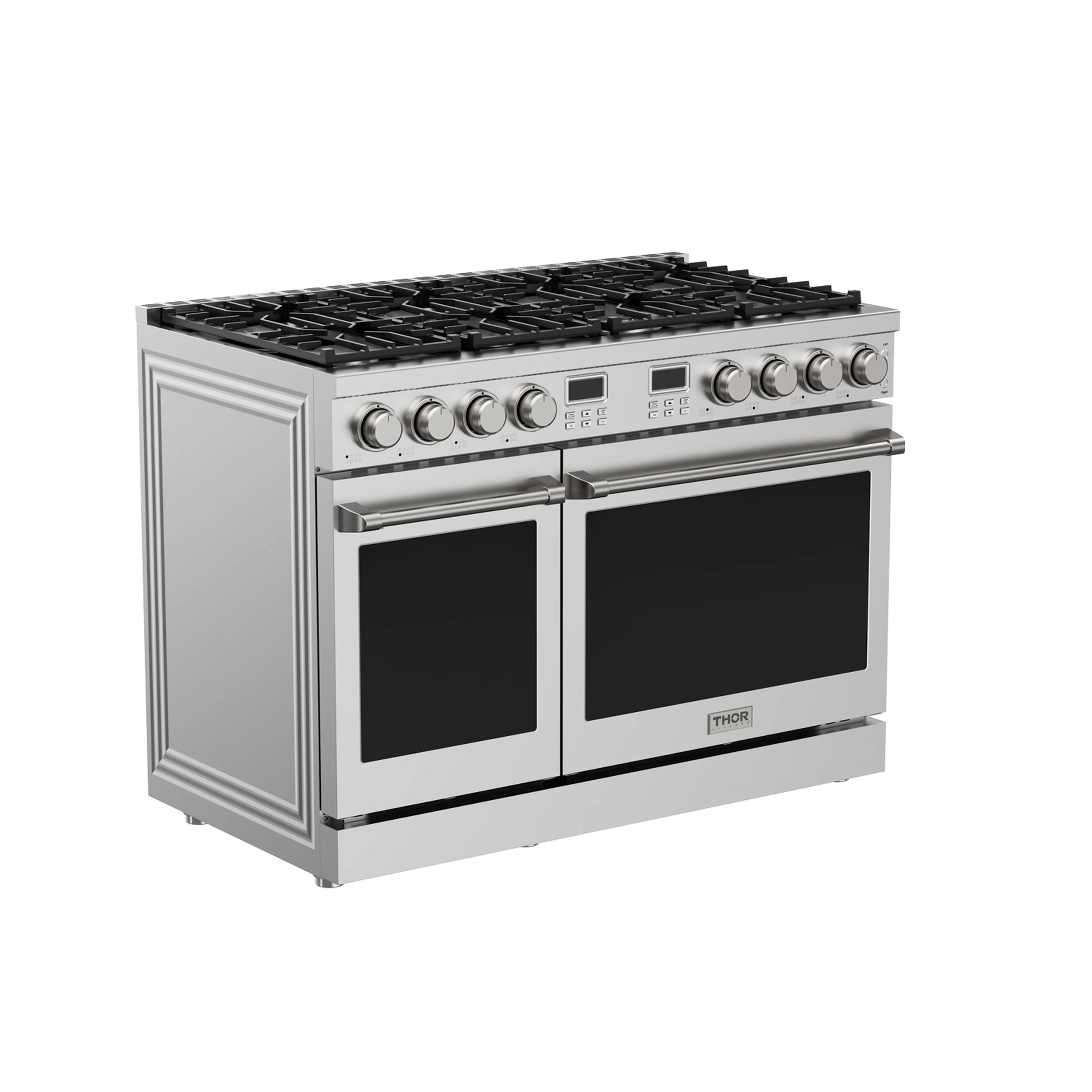 Stainless steel 48-inch gas range with six burners, griddle, and double oven doors