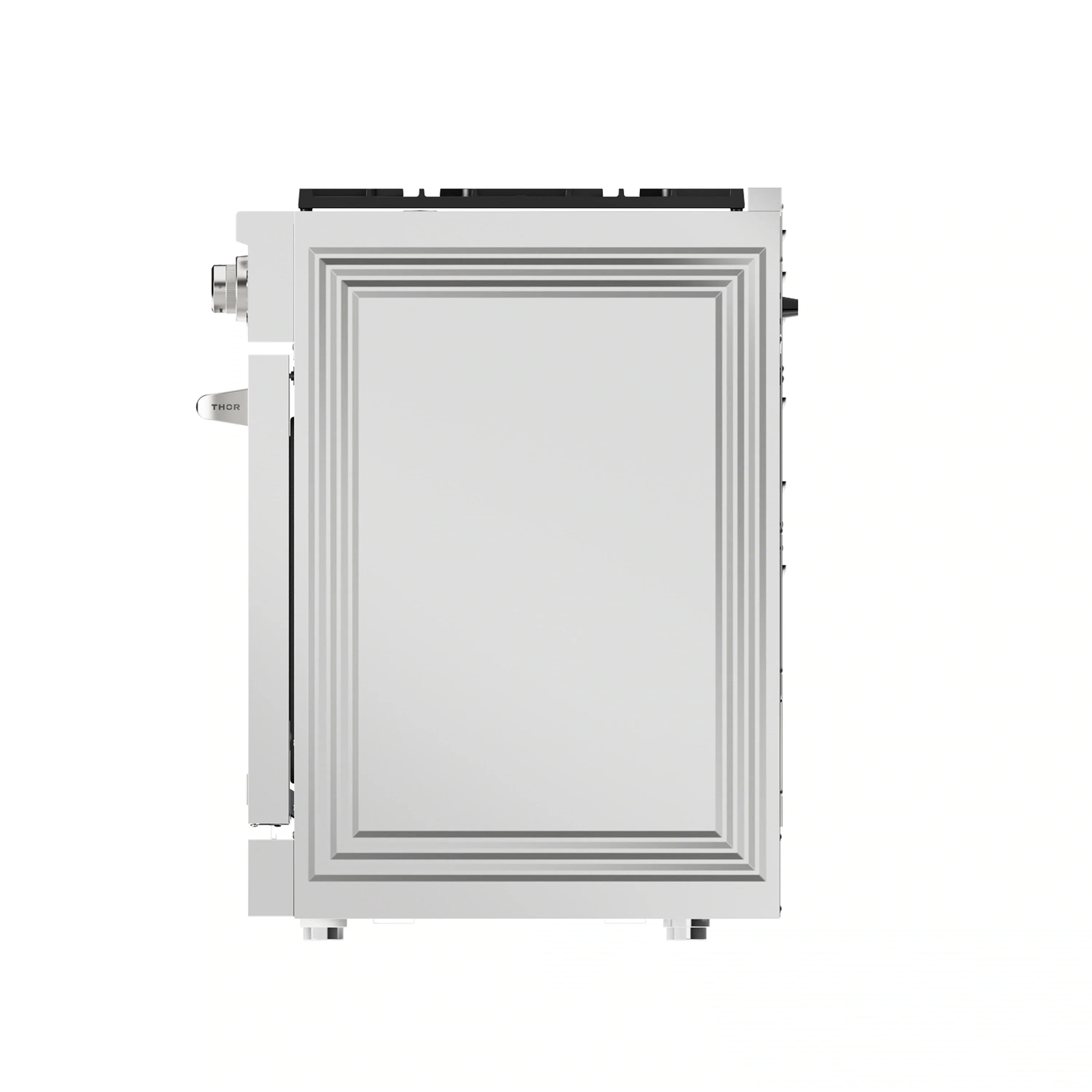 Stainless steel dishwasher with recessed front panel and side handles, closed door