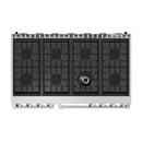 Stainless steel gas cooktop with four burners and black grates