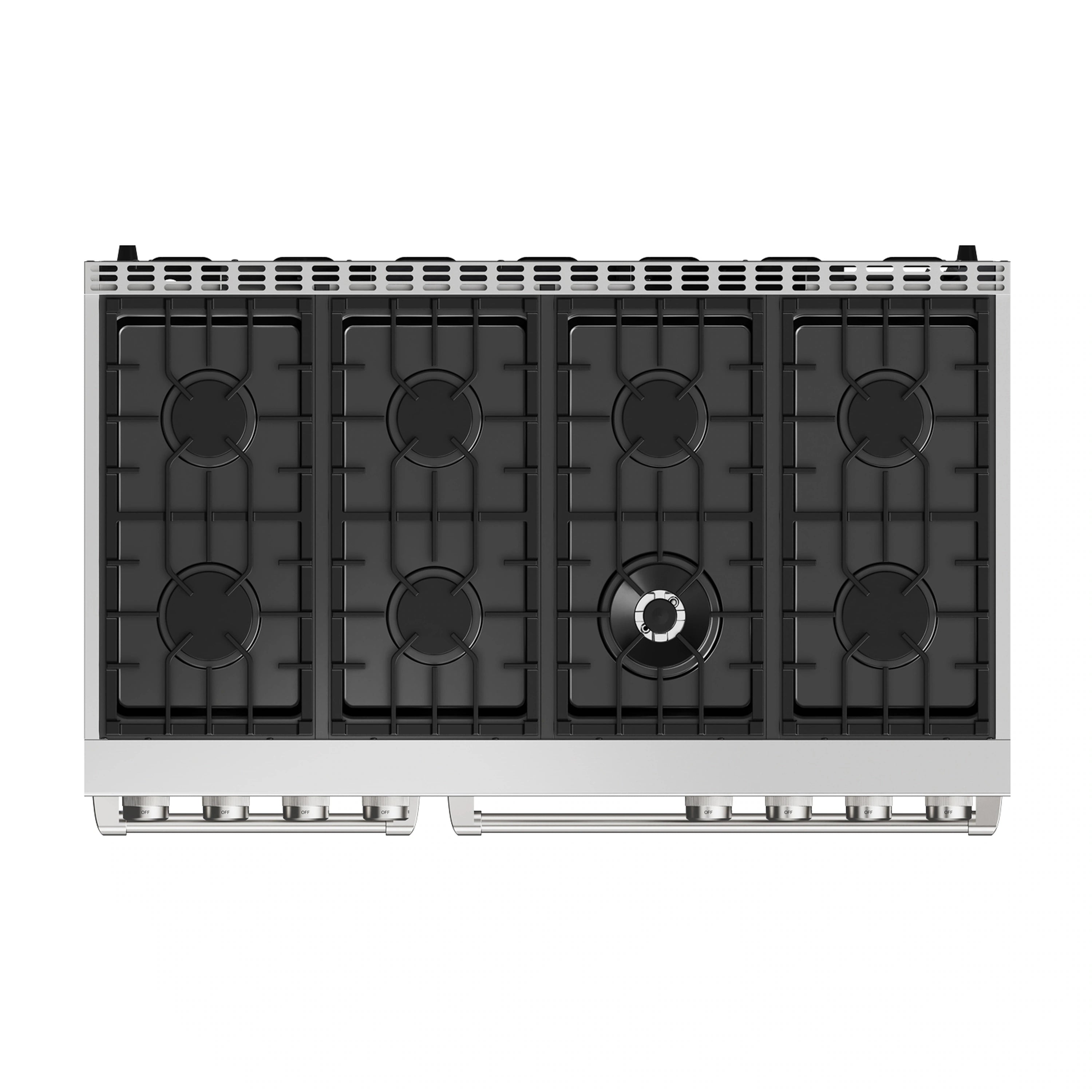 Stainless steel gas cooktop with four black burner grates