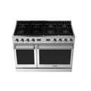 Stainless steel gas range with two oven doors and black glass control panel