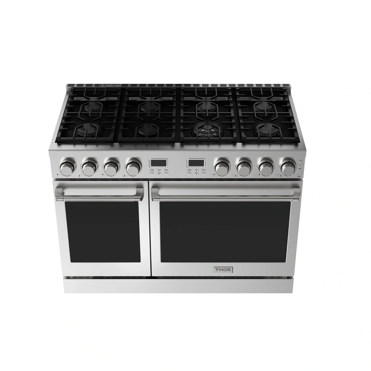 Stainless steel pro-style gas range front view with black burners and two oven doors