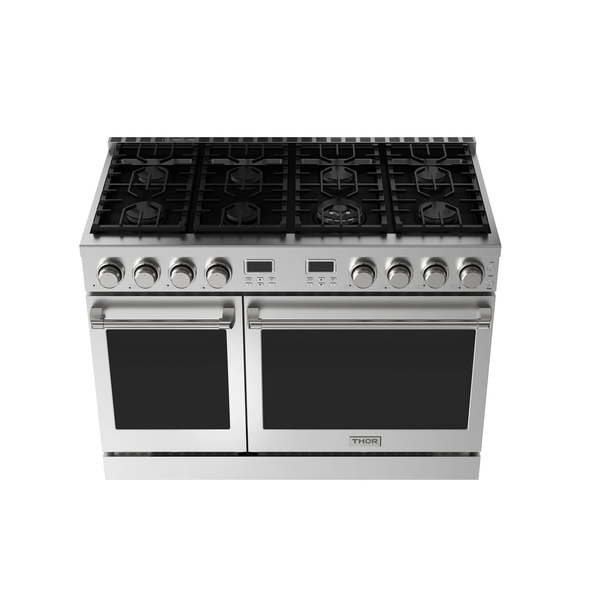 Stainless steel gas range cooktop with burner grates and two black oven doors