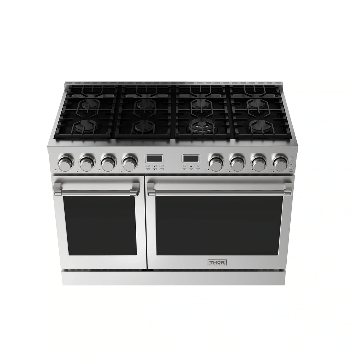 Stainless steel gas range with cooktop grates and front control knobs, two black doors.