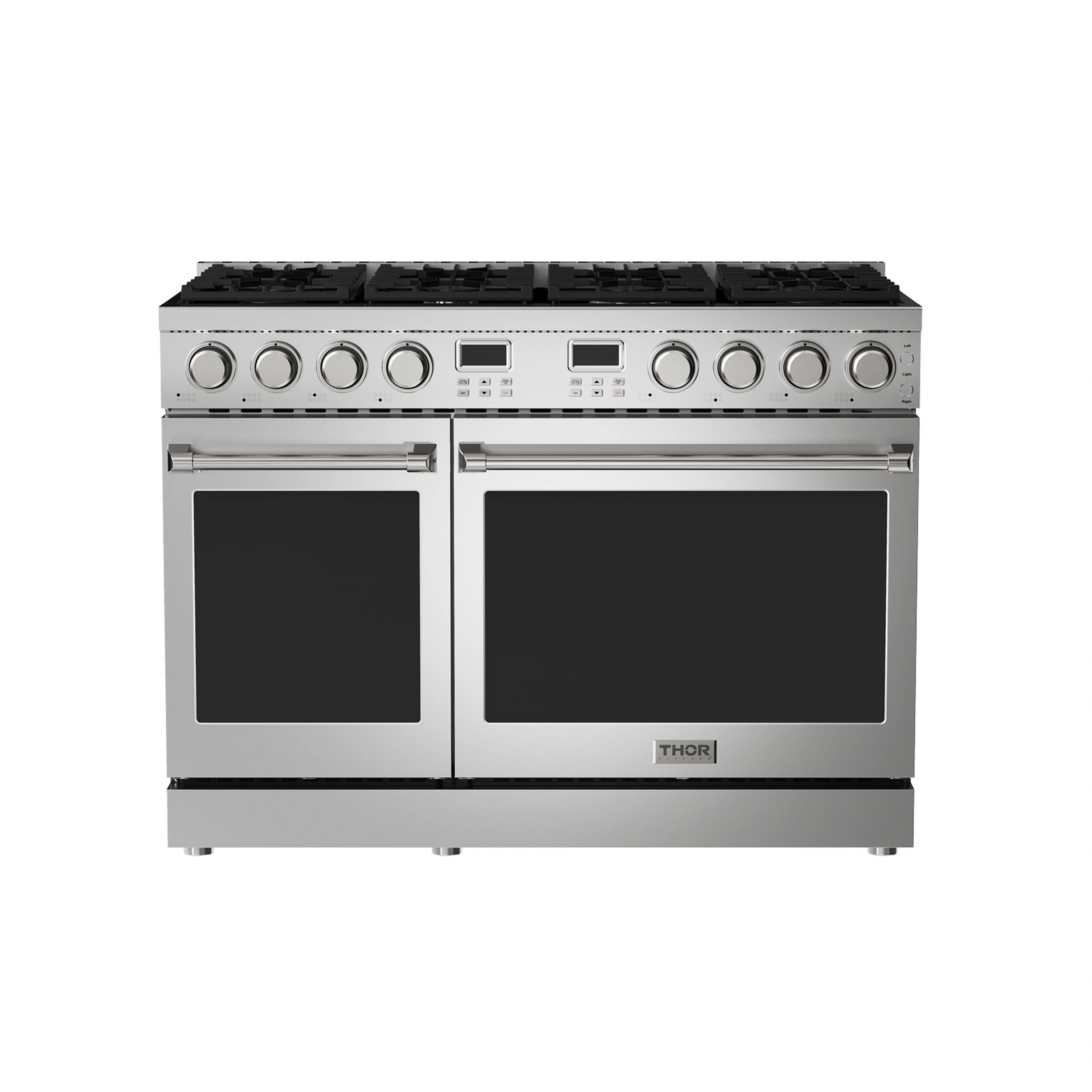 Stainless steel dual-oven gas range with six burner grates and control knobs