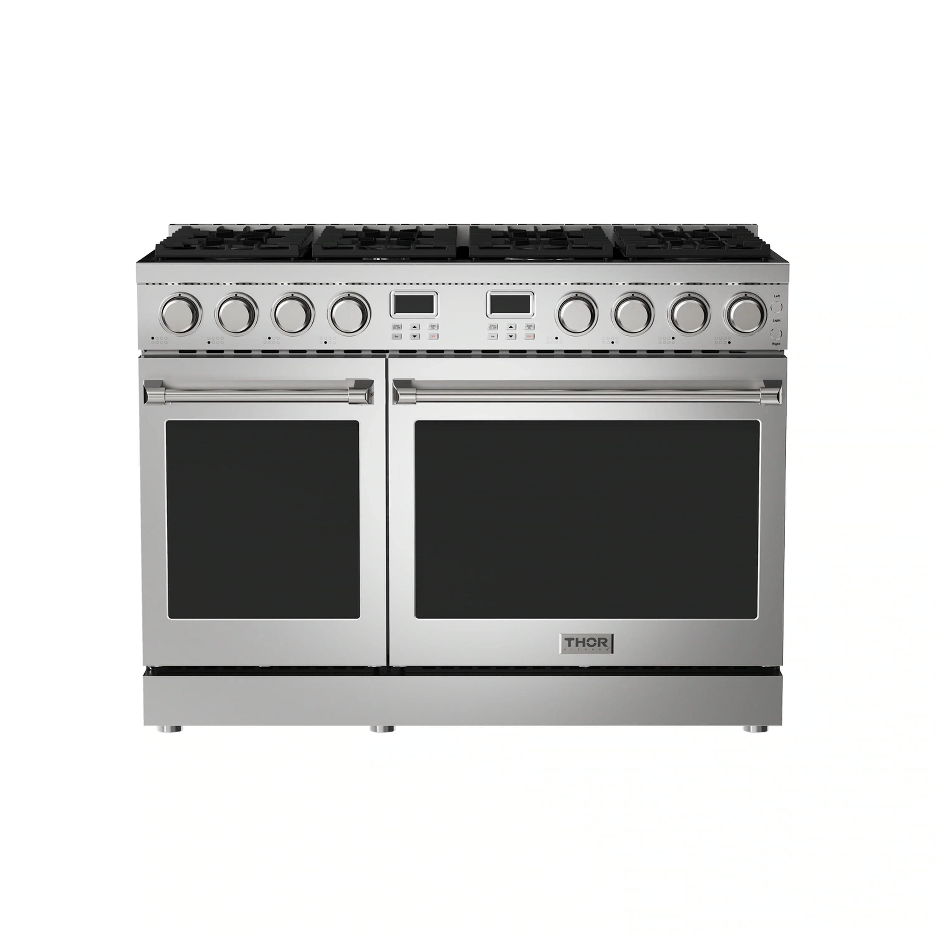 Stainless steel gas range with two ovens and front control knobs