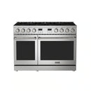 Stainless steel dual-oven gas range with six burner grates and control knobs
