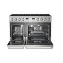 Stainless steel gas range with dual oven interiors and convection fan housings