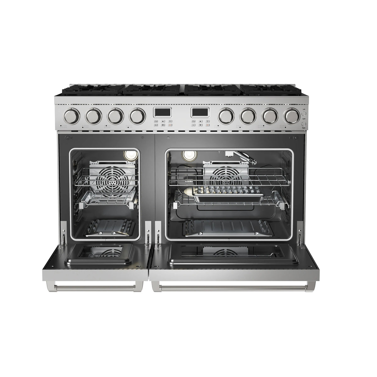 Stainless steel pro-style gas range with oven doors open showing broil and bake compartments