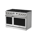 Stainless steel gas range with dual ovens, six burners, and black cooktop grates