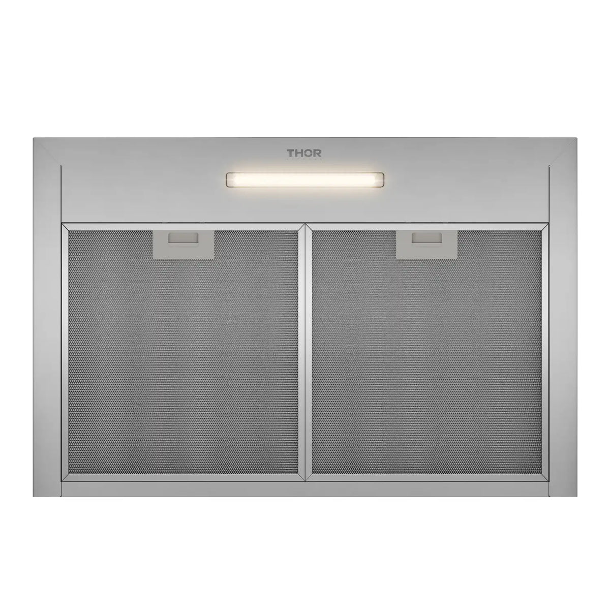 Stainless steel wall range hood with two mesh filters and built-in light bar