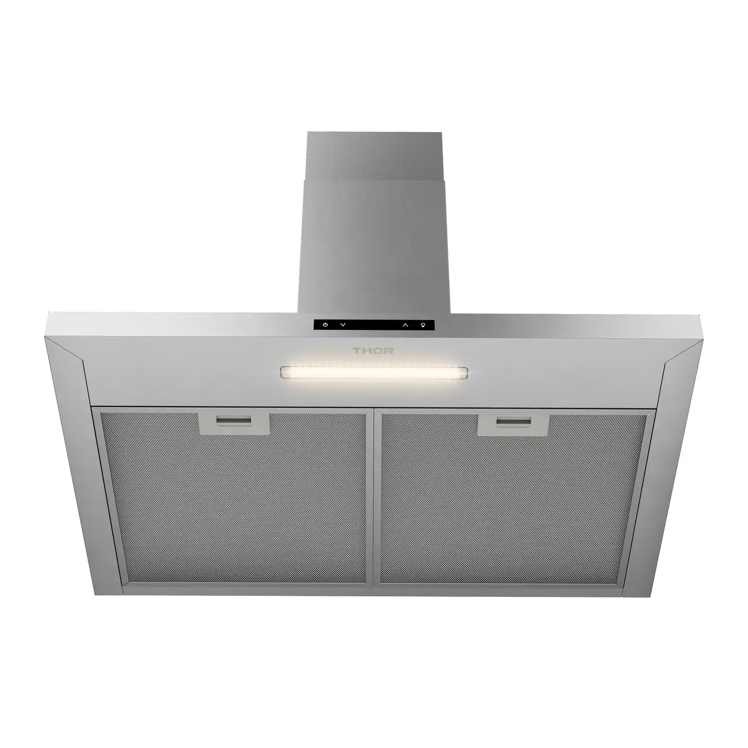 Stainless steel wall range hood with chimney, two mesh filters, and light strip