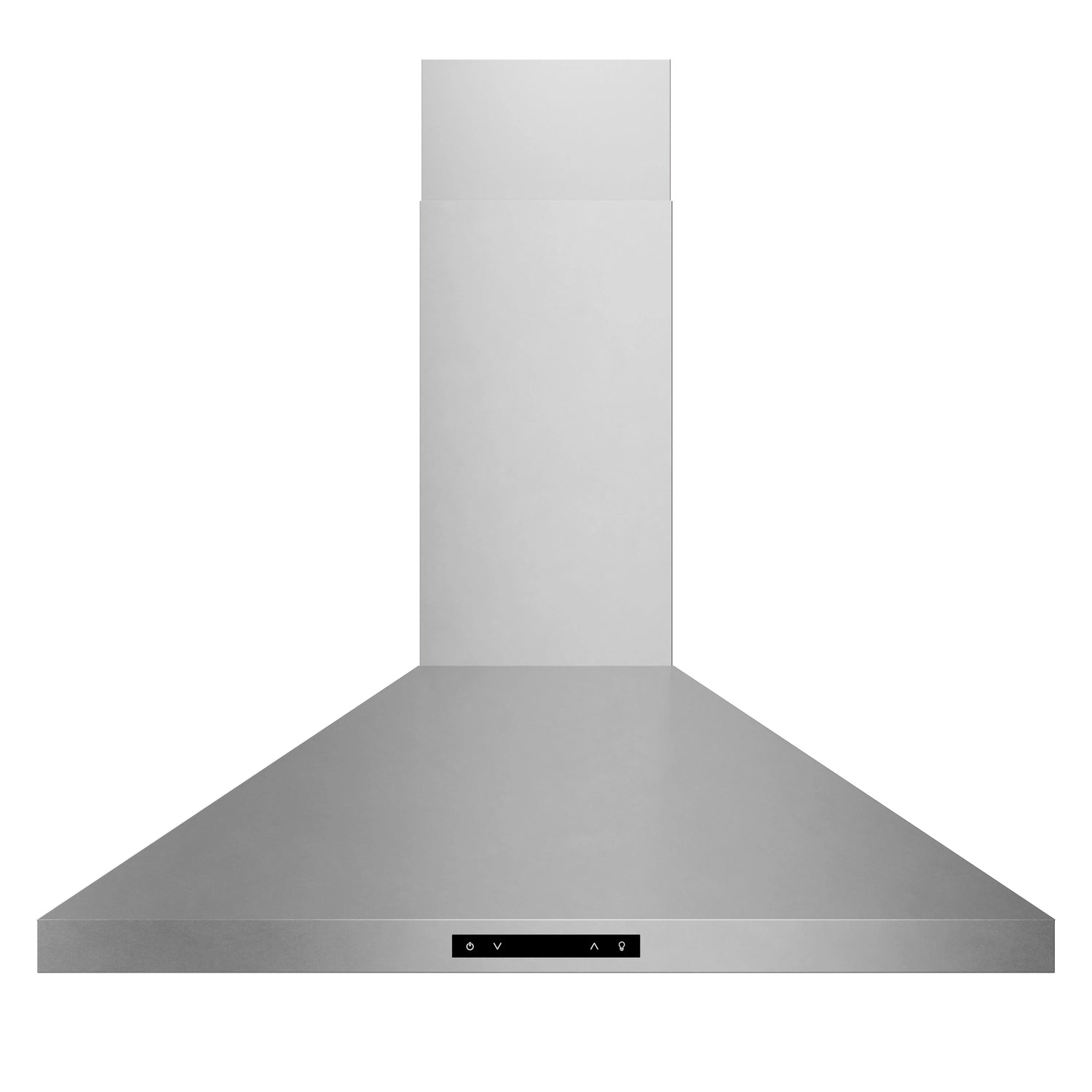Stainless steel chimney-style range hood, curved canopy with control panel