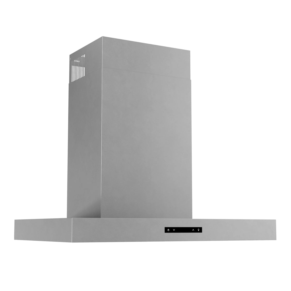 Stainless steel chimney-style wall range hood with left vent grille and control bar