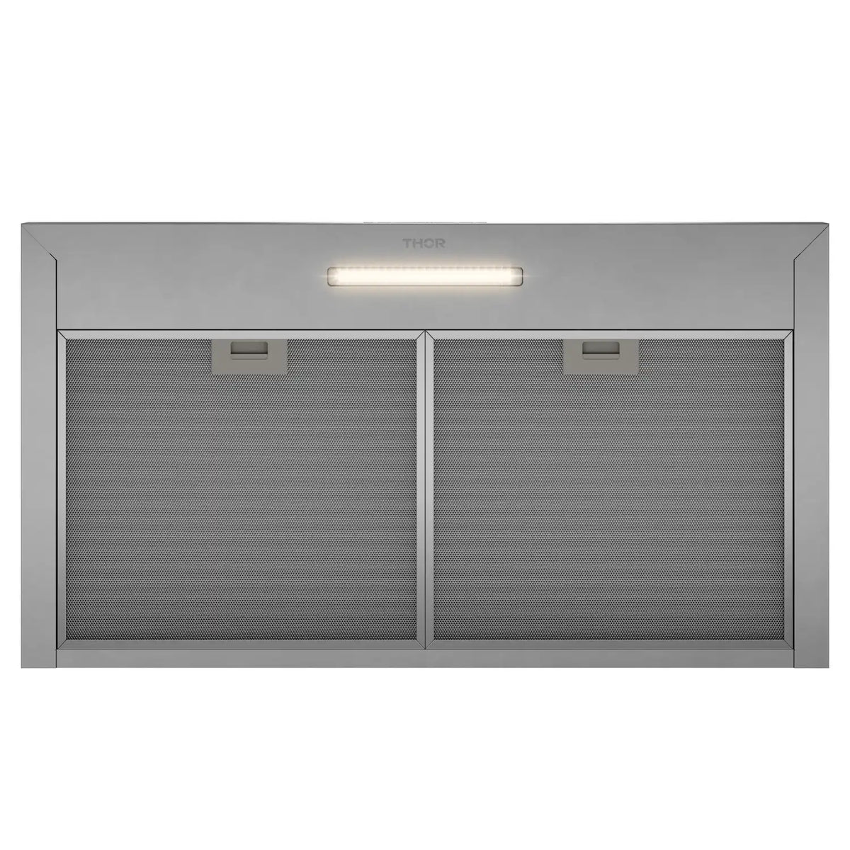 Stainless steel wall-mount range hood with two filter openings and LED light strip