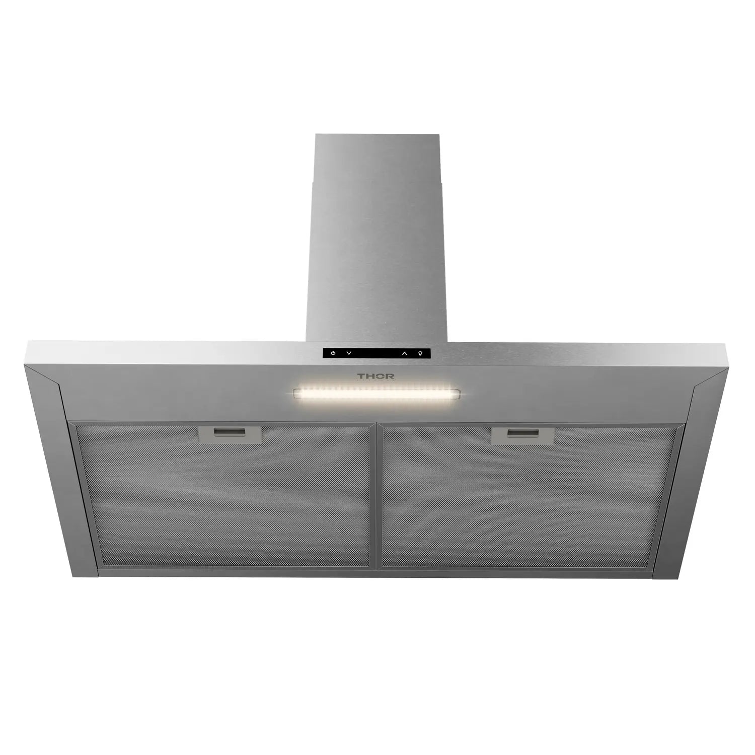 Stainless steel wall-mount range hood with centered LED light and two filter panels