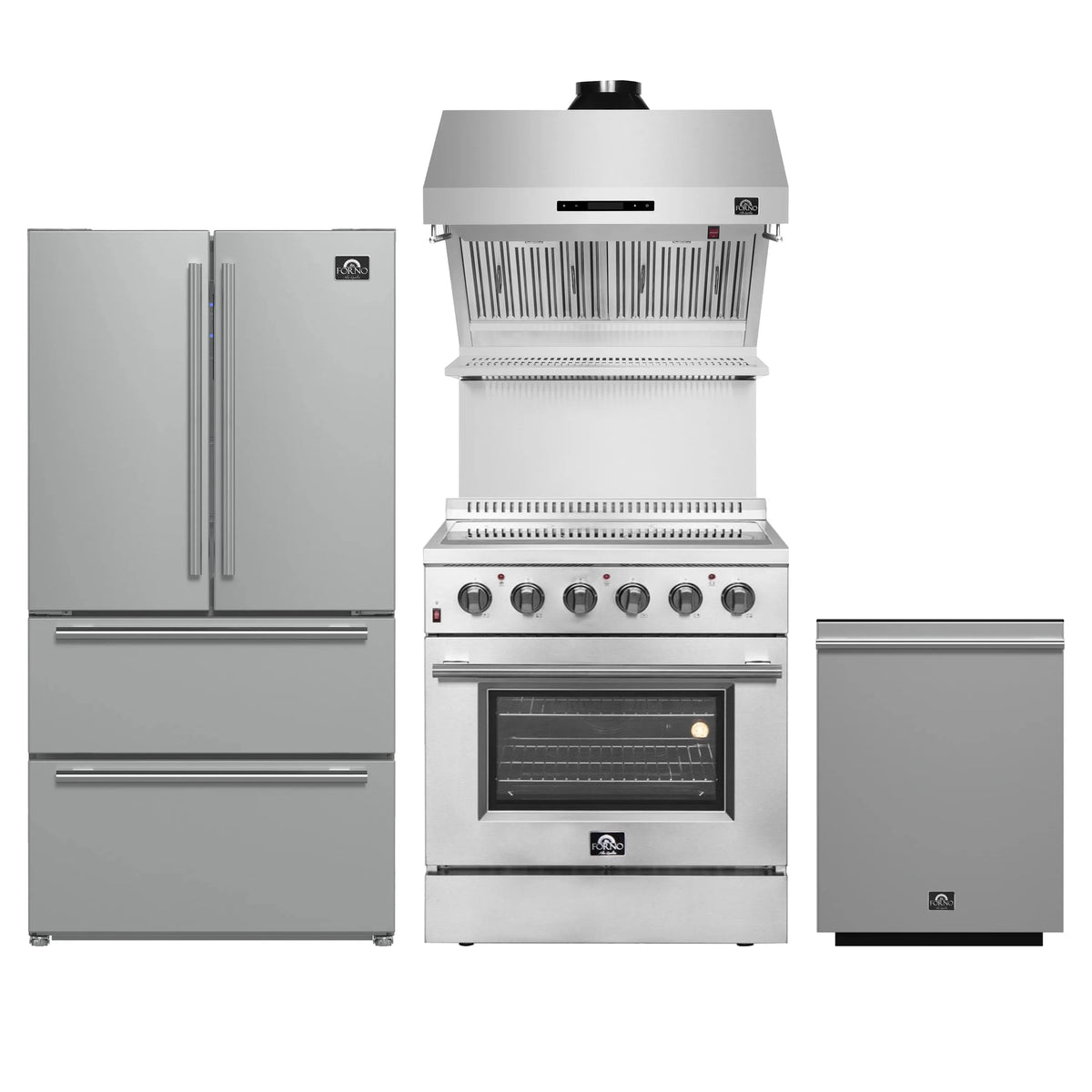 Forno 4-Piece Appliance Package - 30-Inch Electric Range, Wall Mount Range Hood with Backsplash, French Door Refrigerator, and Dishwasher in Stainless Steel
