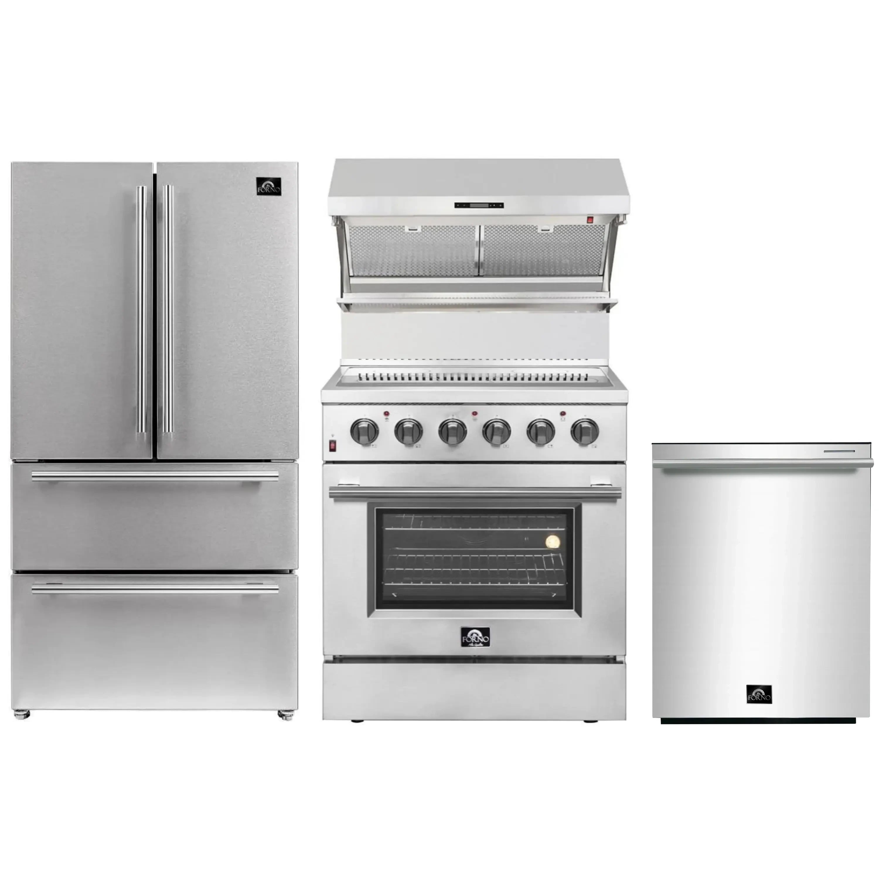 Stainless steel kitchen appliance set with refrigerator, range, and dishwasher