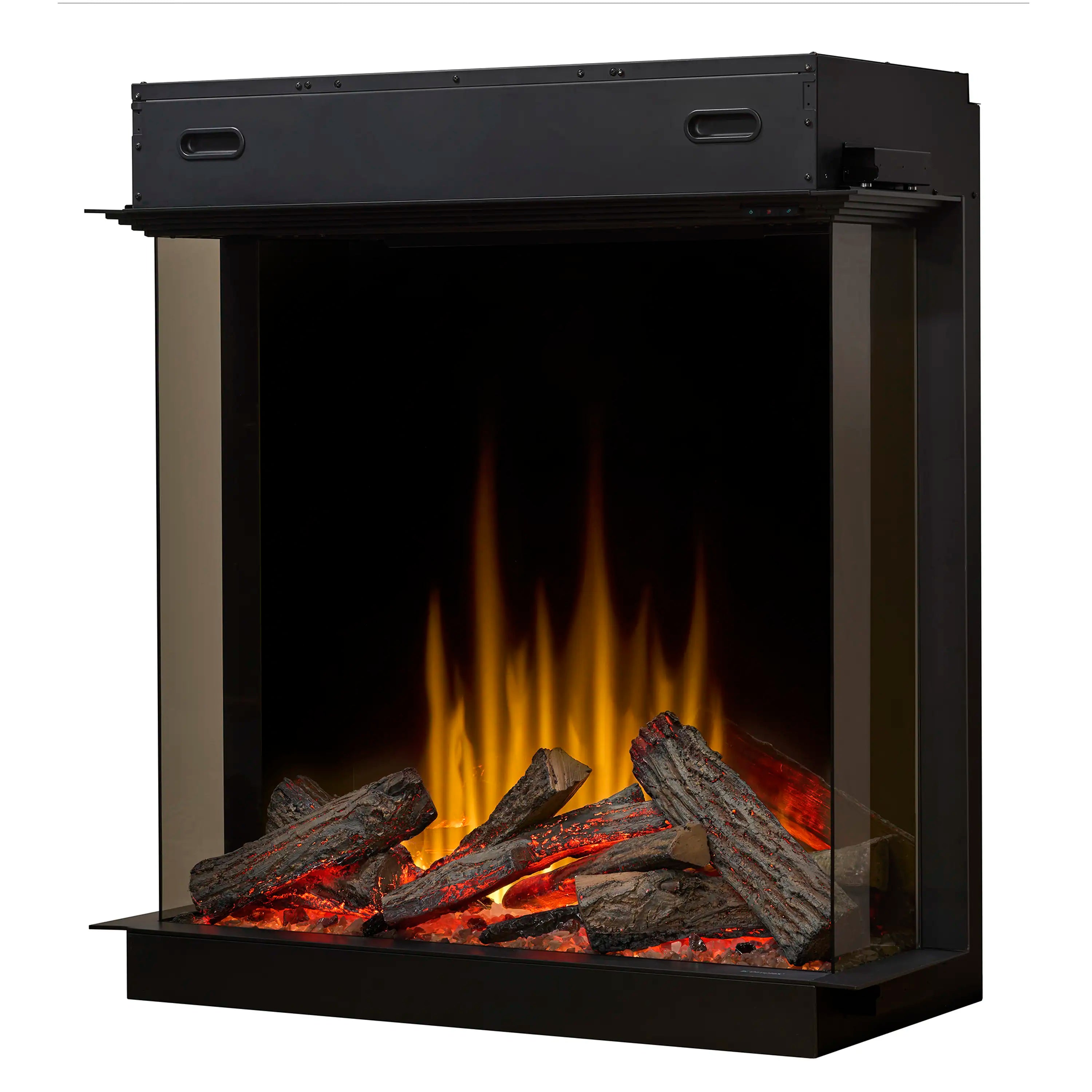 Electric firebox with orange flames behind glass and dark log set