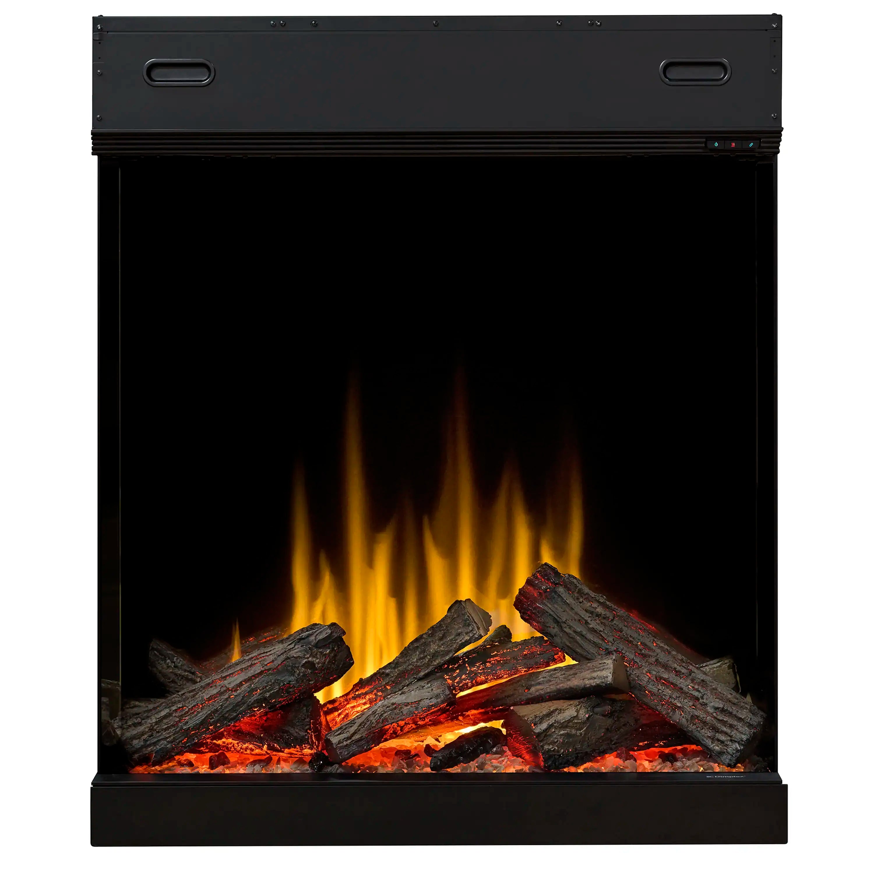Electric firebox front view with orange flames and glowing ember bed