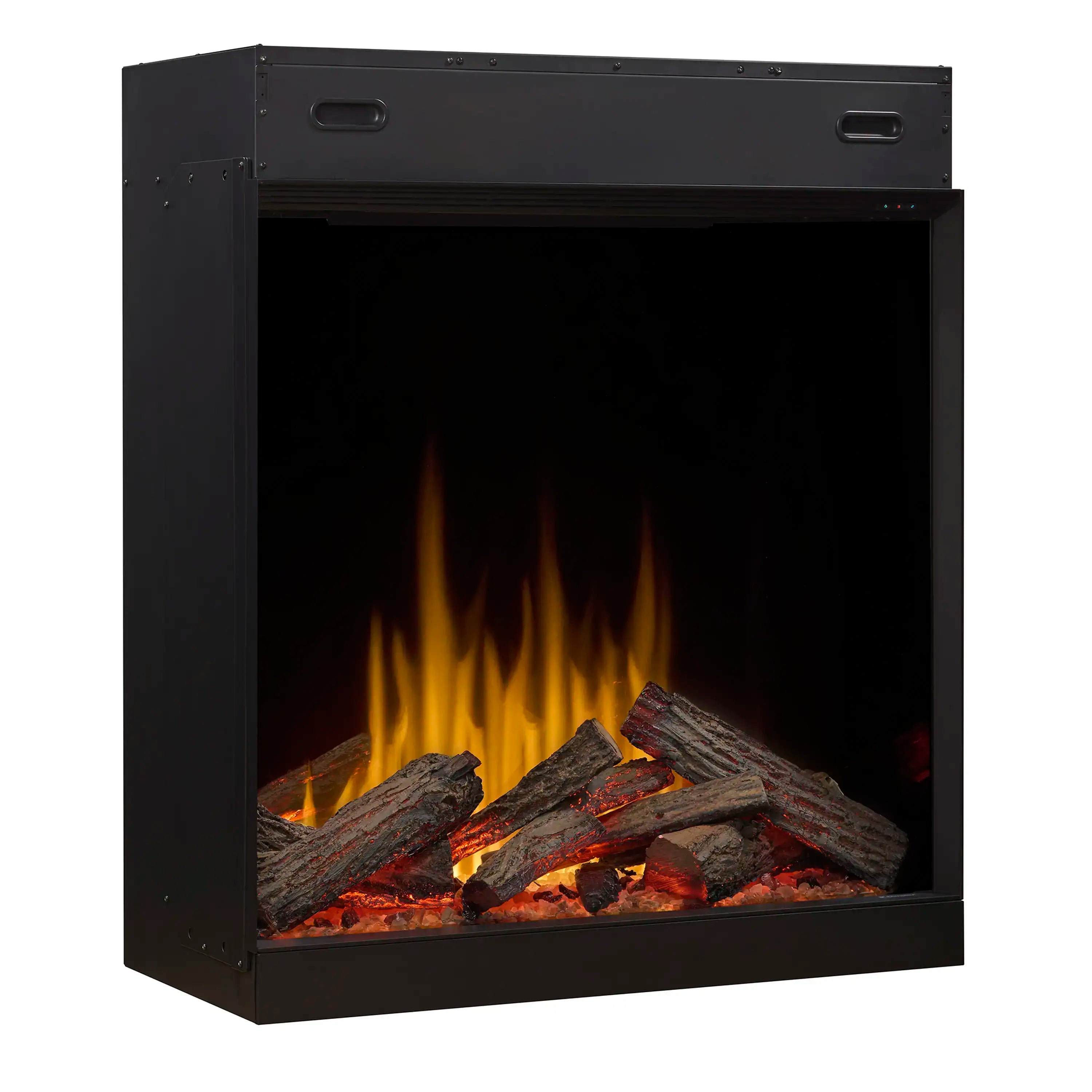 Electric firebox angled view with orange flames and dark logs