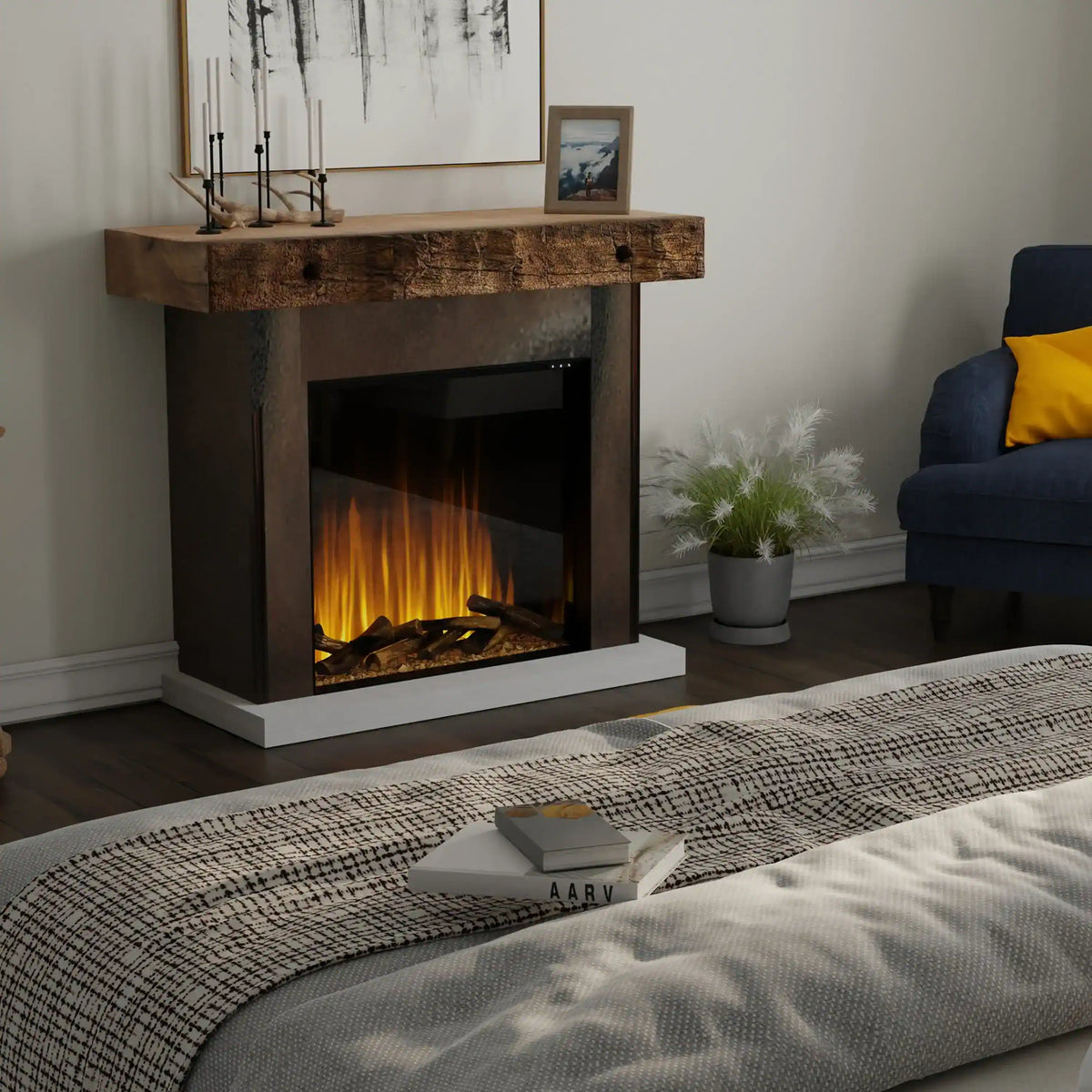 Electric firebox insert with glowing logs and orange flame display