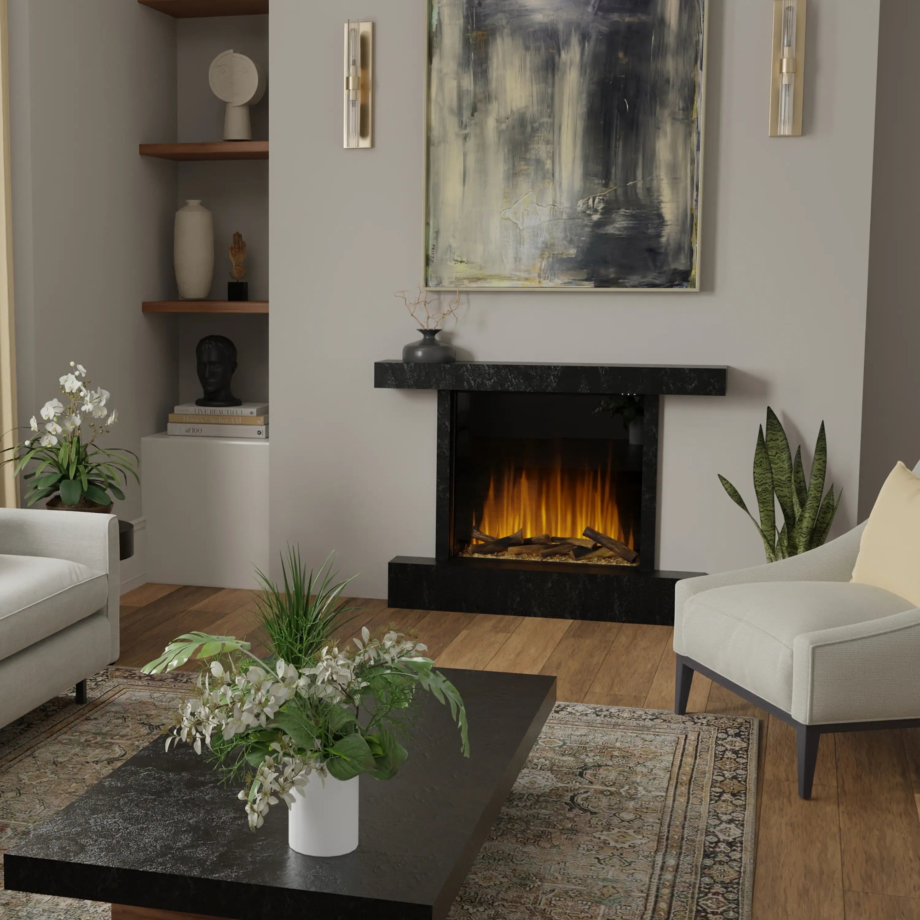 Electric firebox insert with glowing logs and orange flame display in black frame
