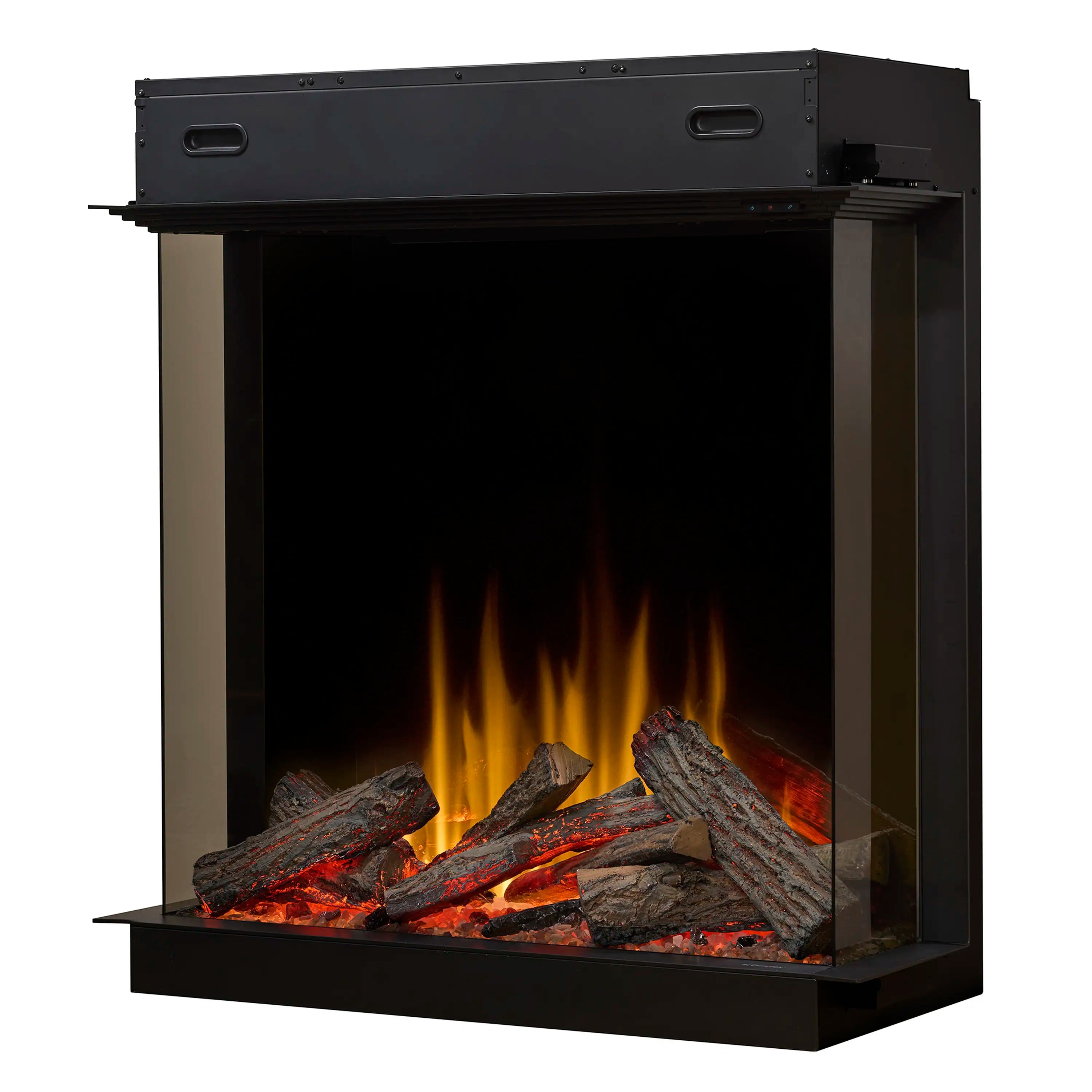Dimplex Ignite Aspire 36-inch electric firebox, angled view, glass front with flame effect