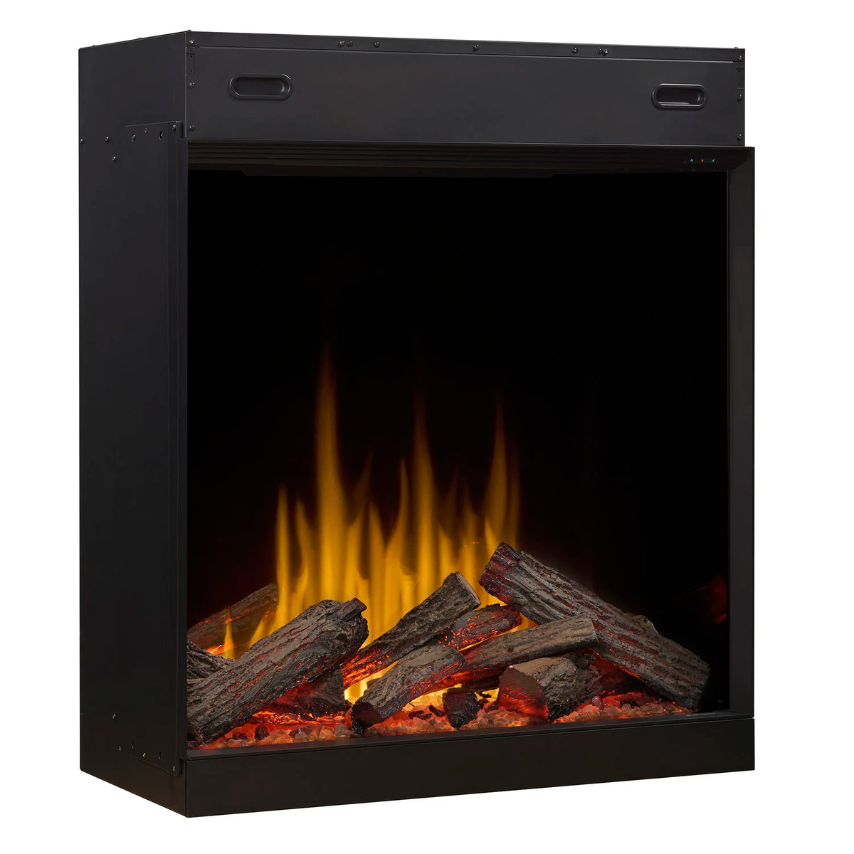 Black electric fireplace firebox with flames and glowing embers