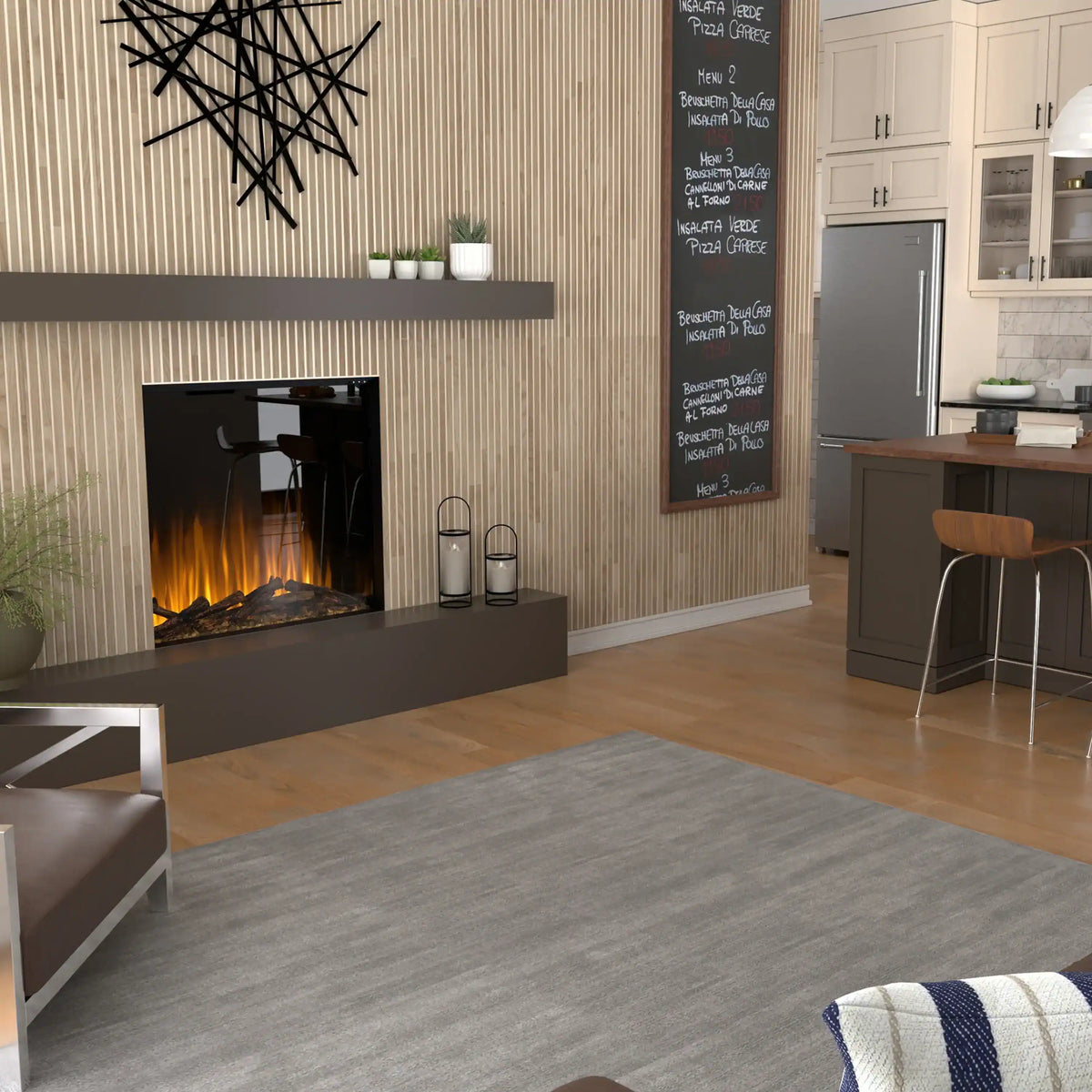 Electric fireplace insert with glass front and glowing flame effect, set in dark surround