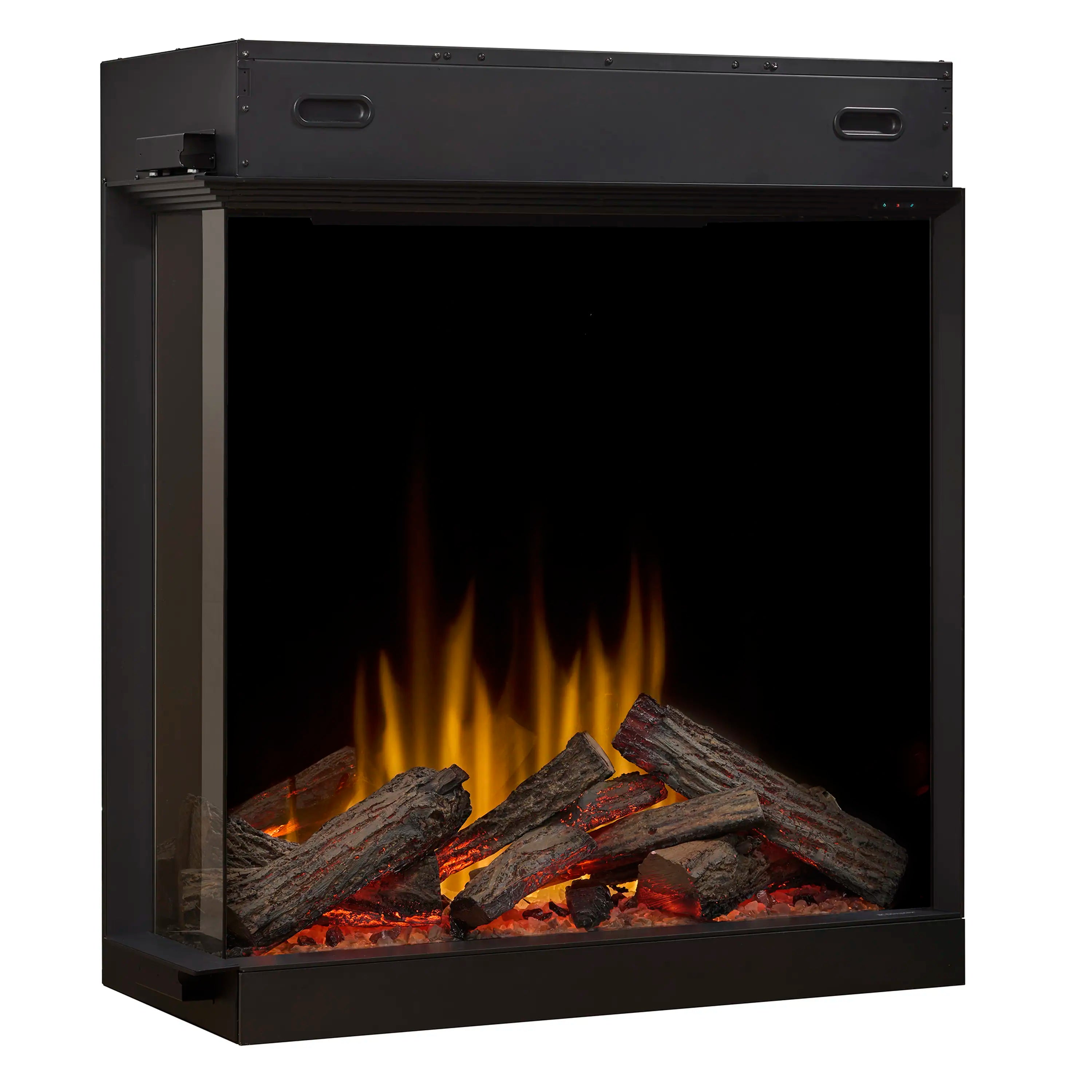 Black electric fireplace firebox with glowing logs and flames