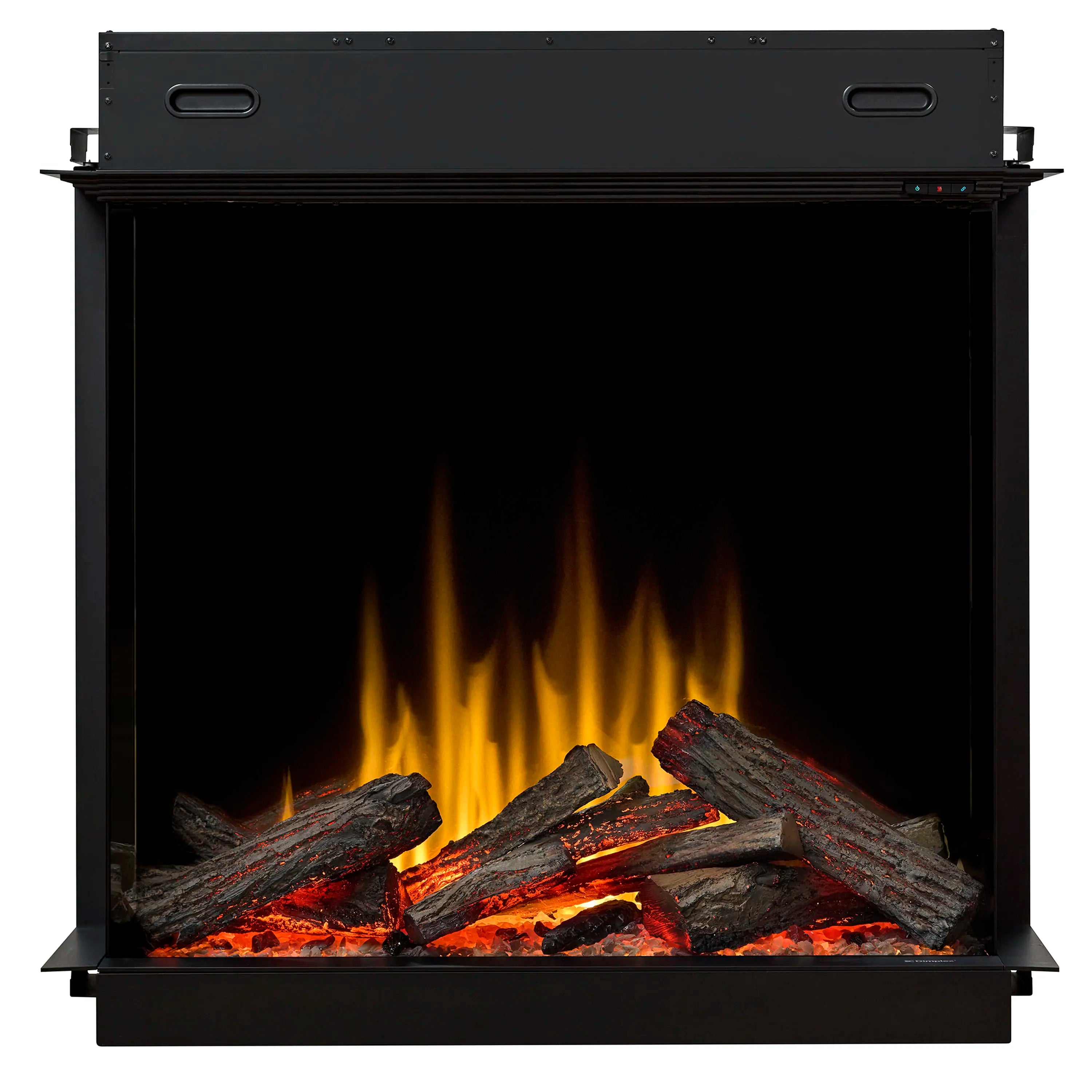 Electric firebox with black frame, glowing flames and burnt wood logs
