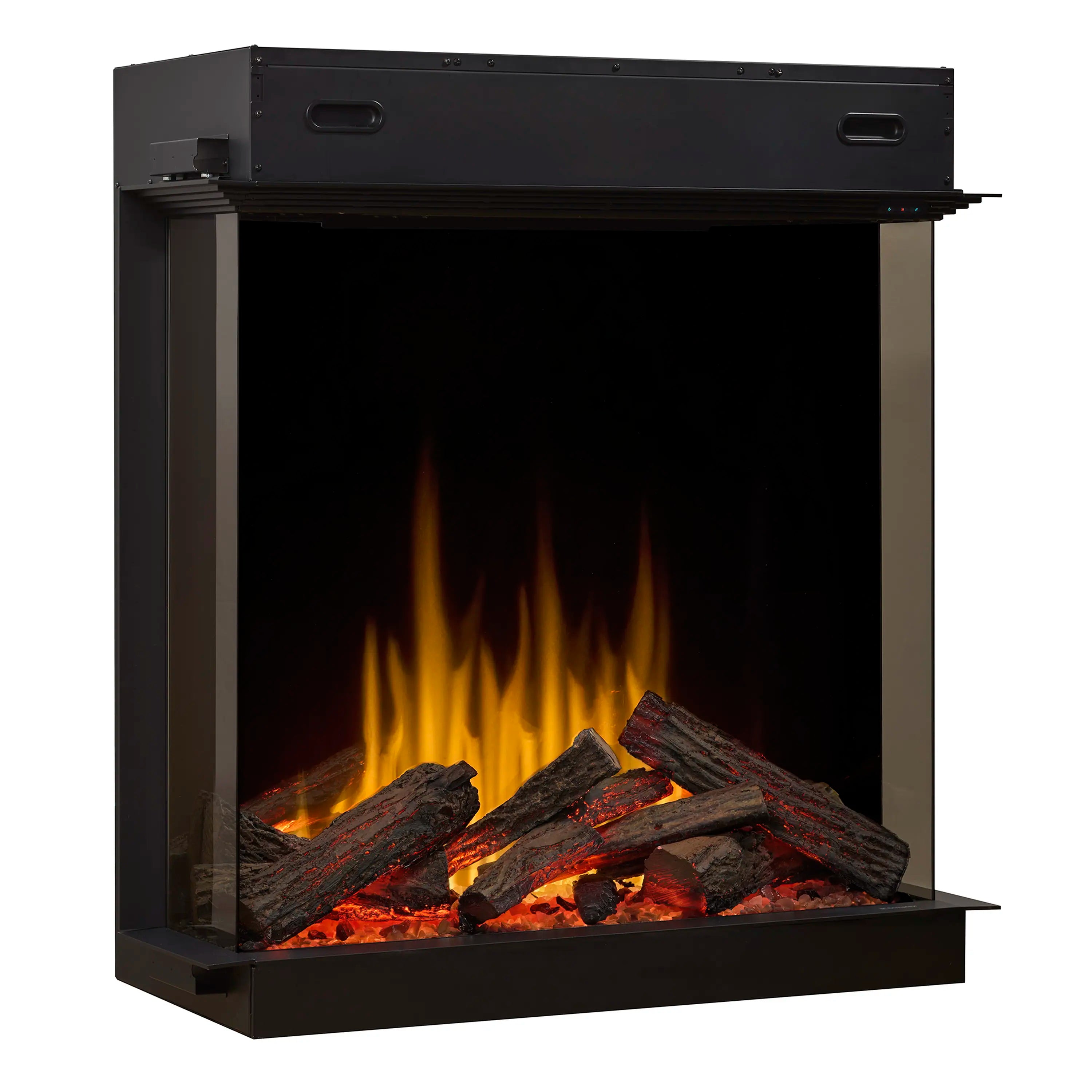 Electric firebox angled view with glowing flames and burnt wood log set