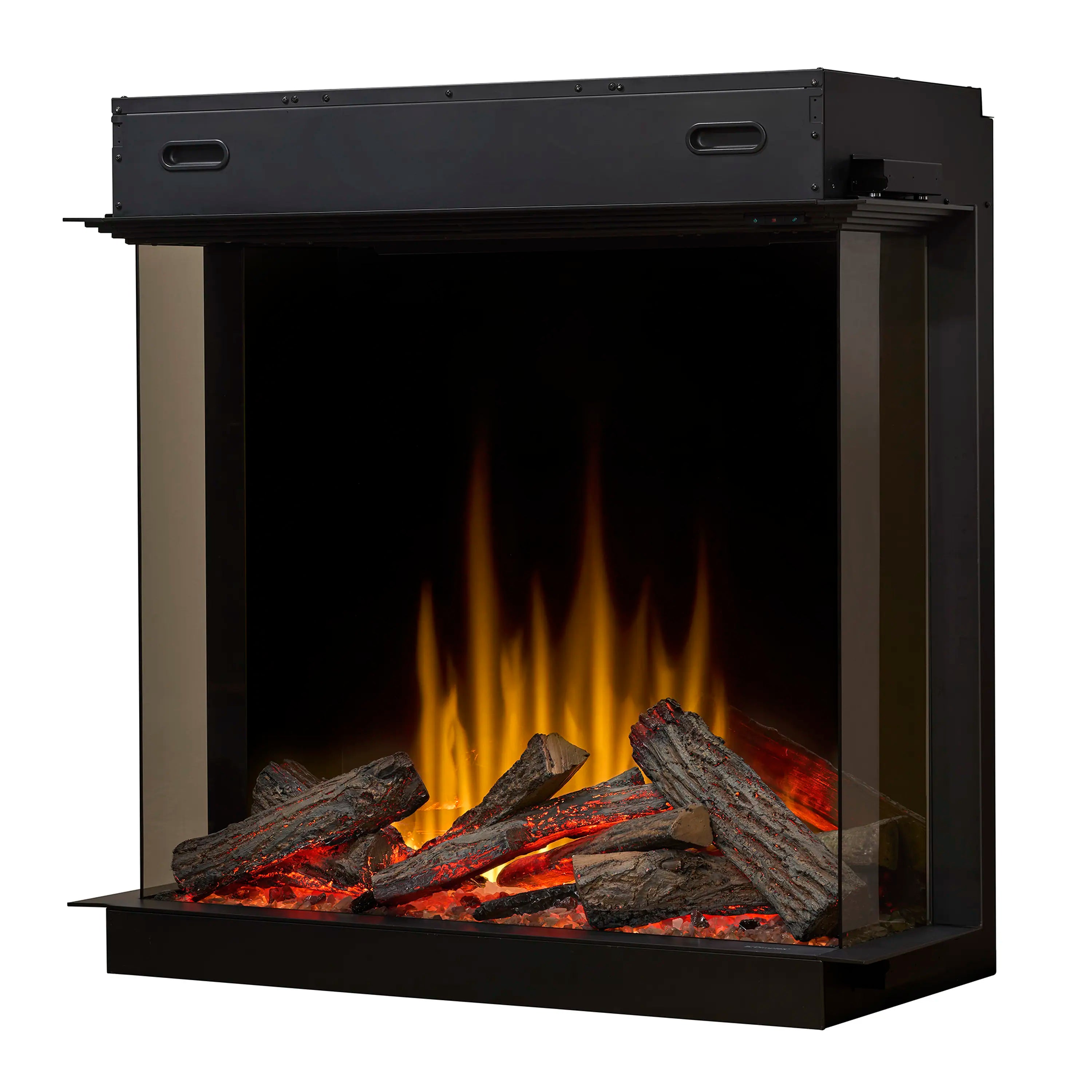 Electric firebox 3/4 view with flames and dark, charred wood logs