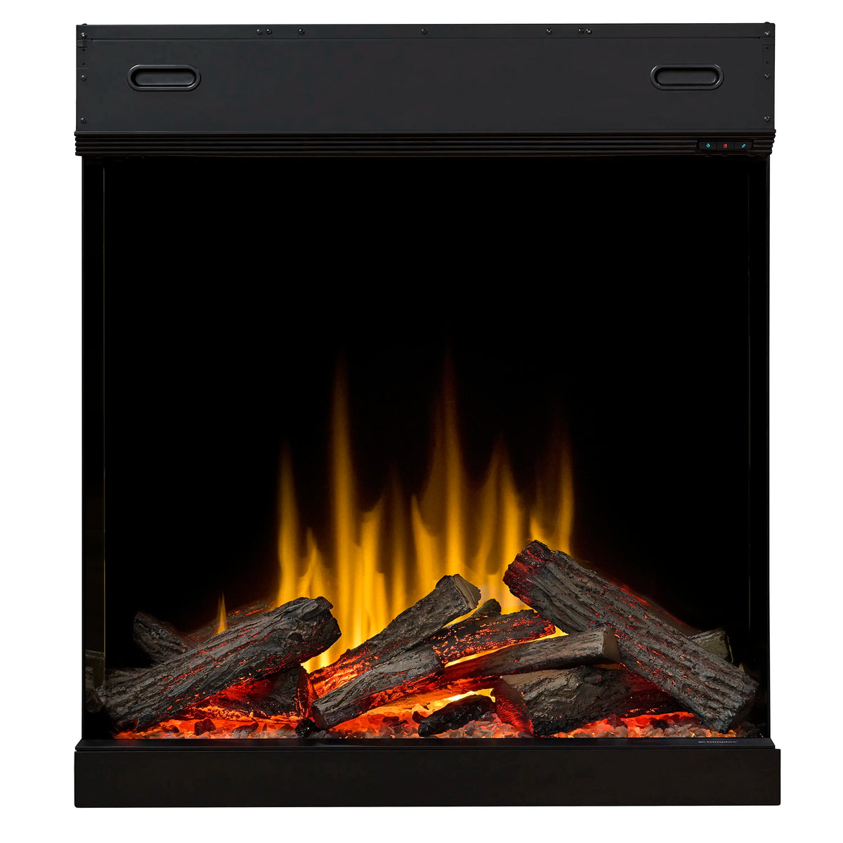 Electric firebox front view with glowing flames and dark wood log pieces