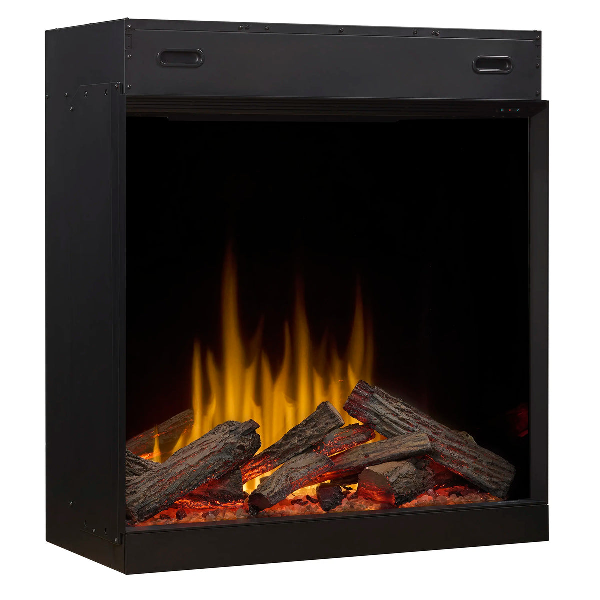 Electric firebox front view with glowing flames and dark wood log pieces